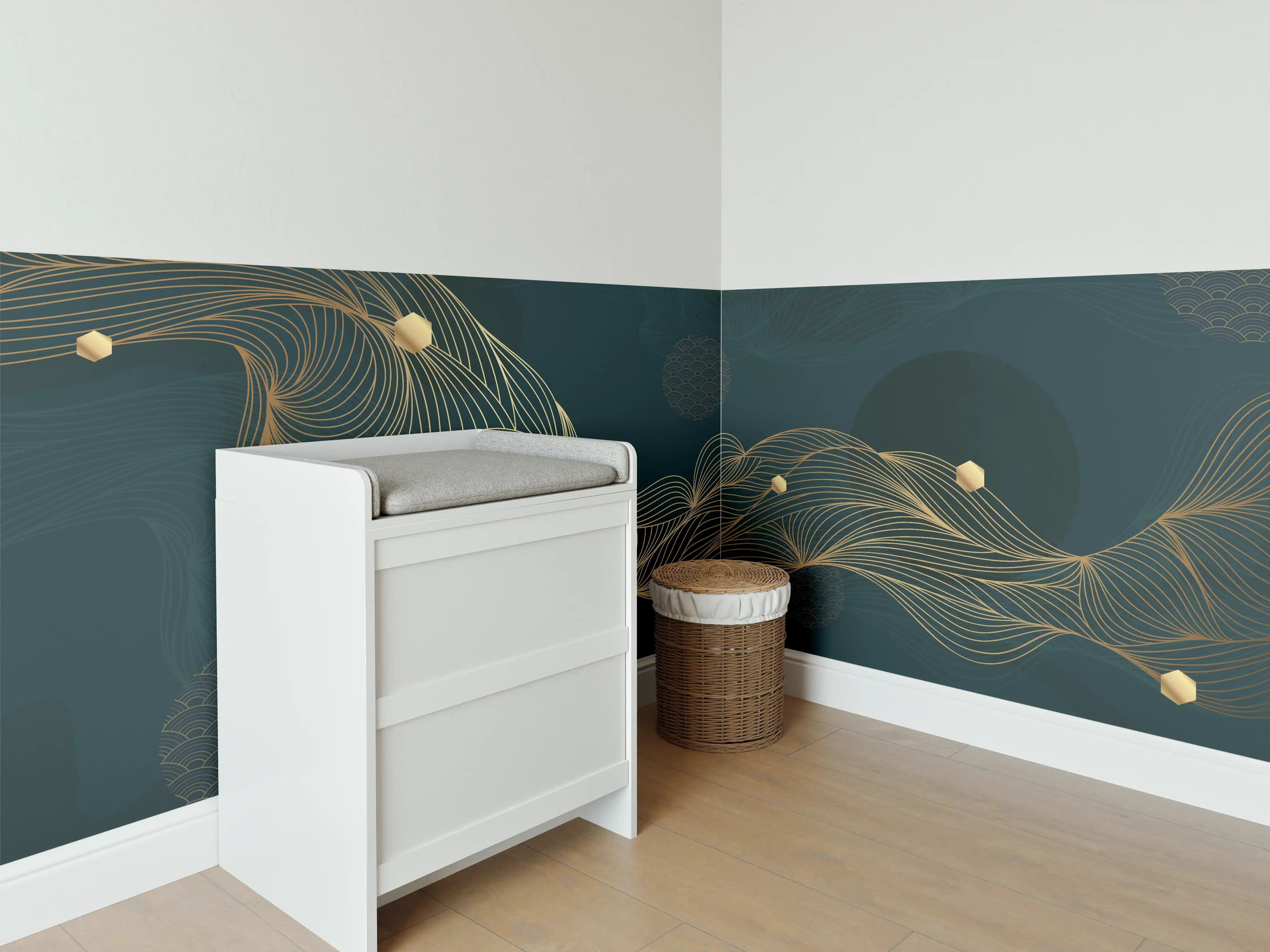 Babyzimmer Wandgestaltung - Goldene Wellenlinien auf Dunkelblau
