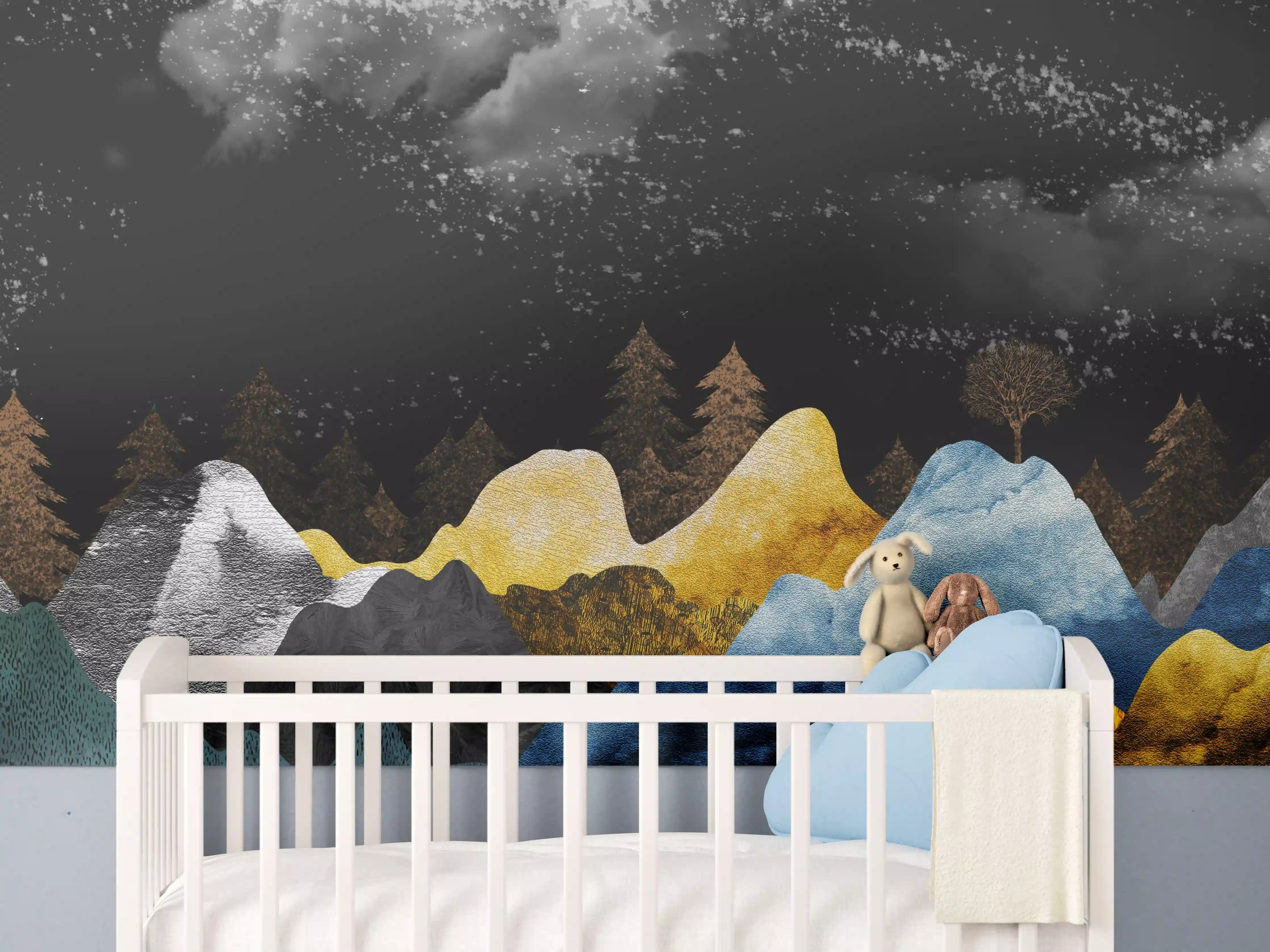 Babyzimmer Wandgestaltung - Goldene Winterberge Wandtapete