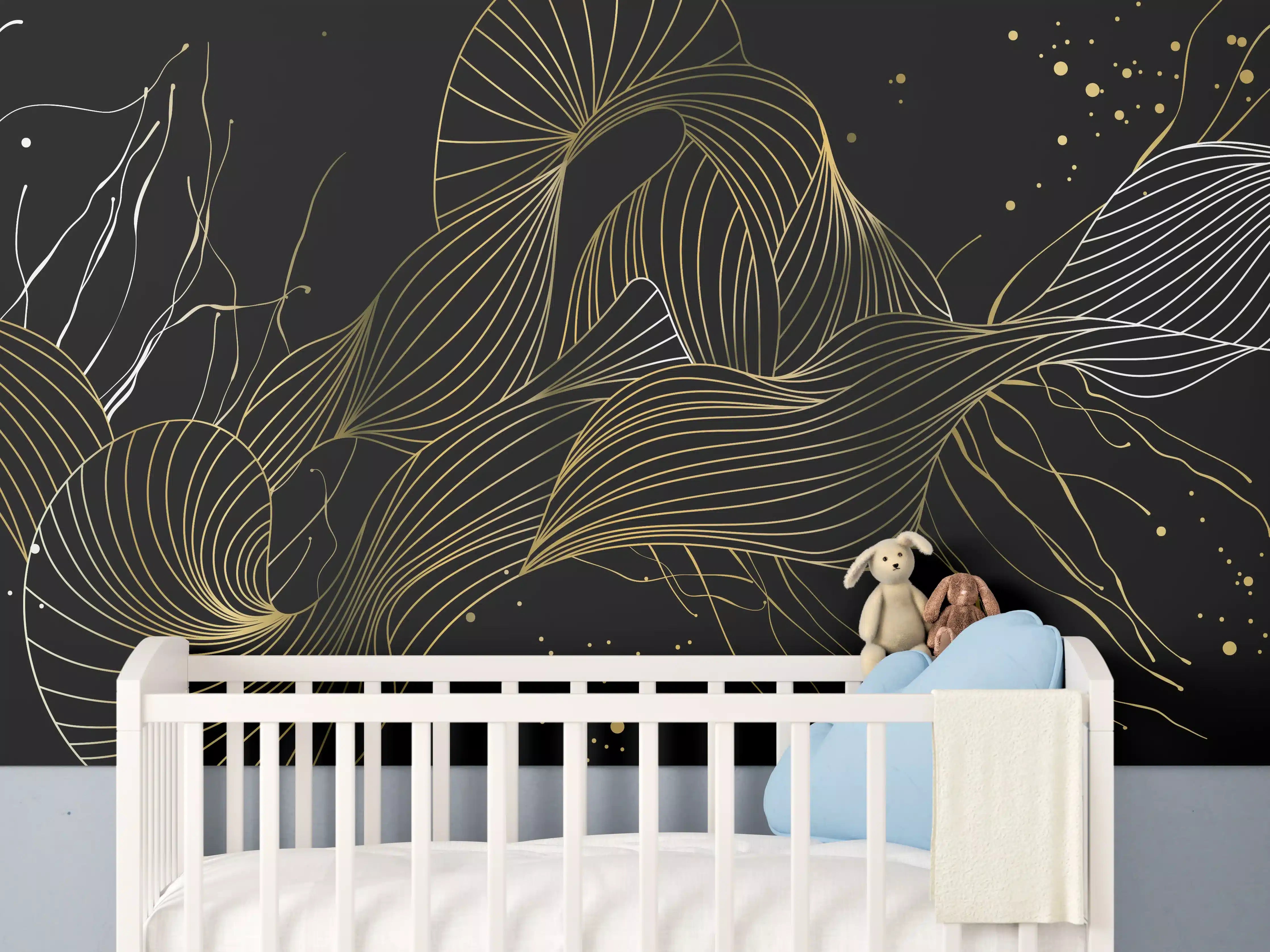 Babyzimmer Wandgestaltung - Goldenes Linienmuster auf Schwarz