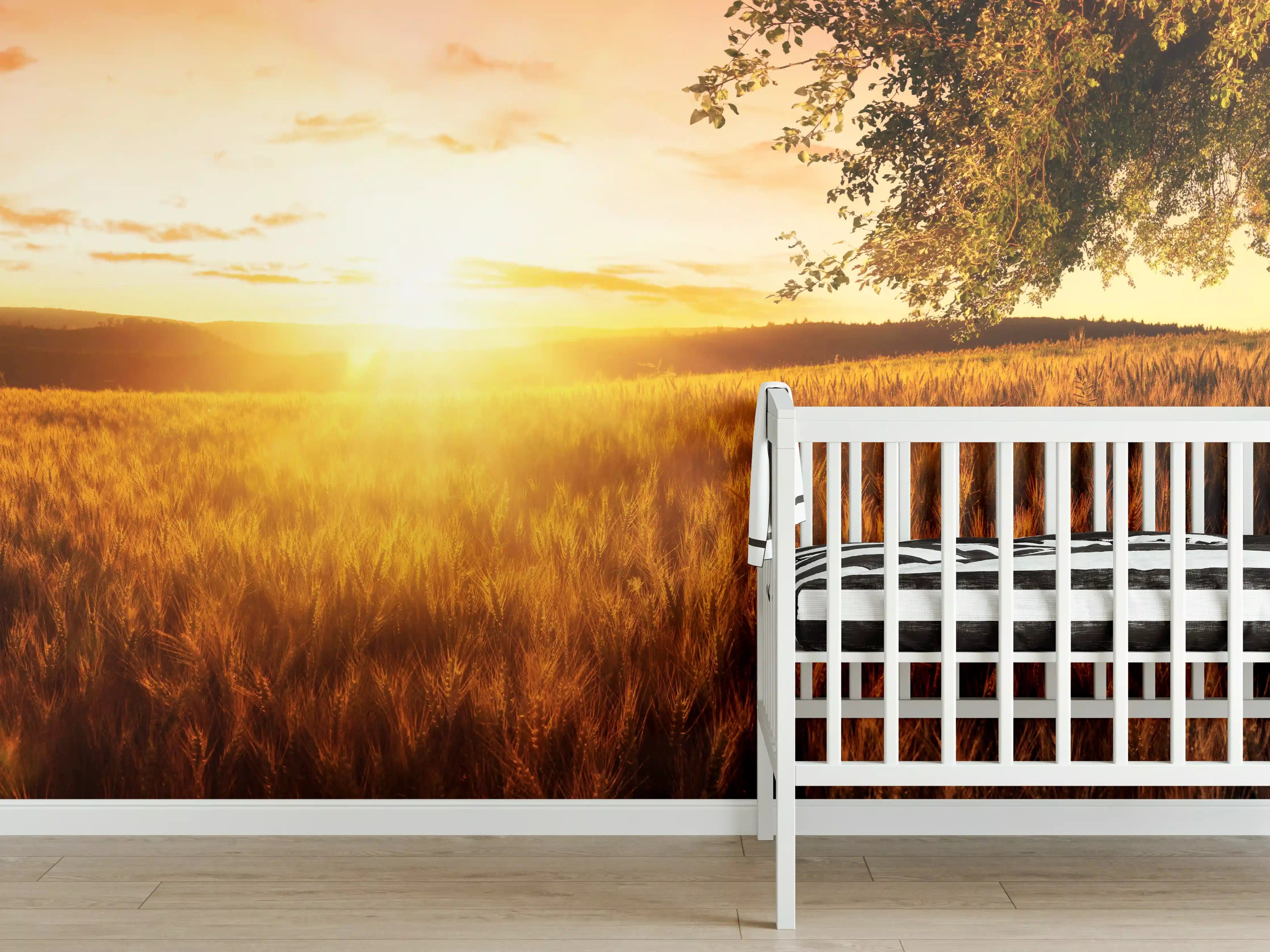 Babyzimmer Wandgestaltung - Goldenes Sonnenuntergangs-Landschaftsbild