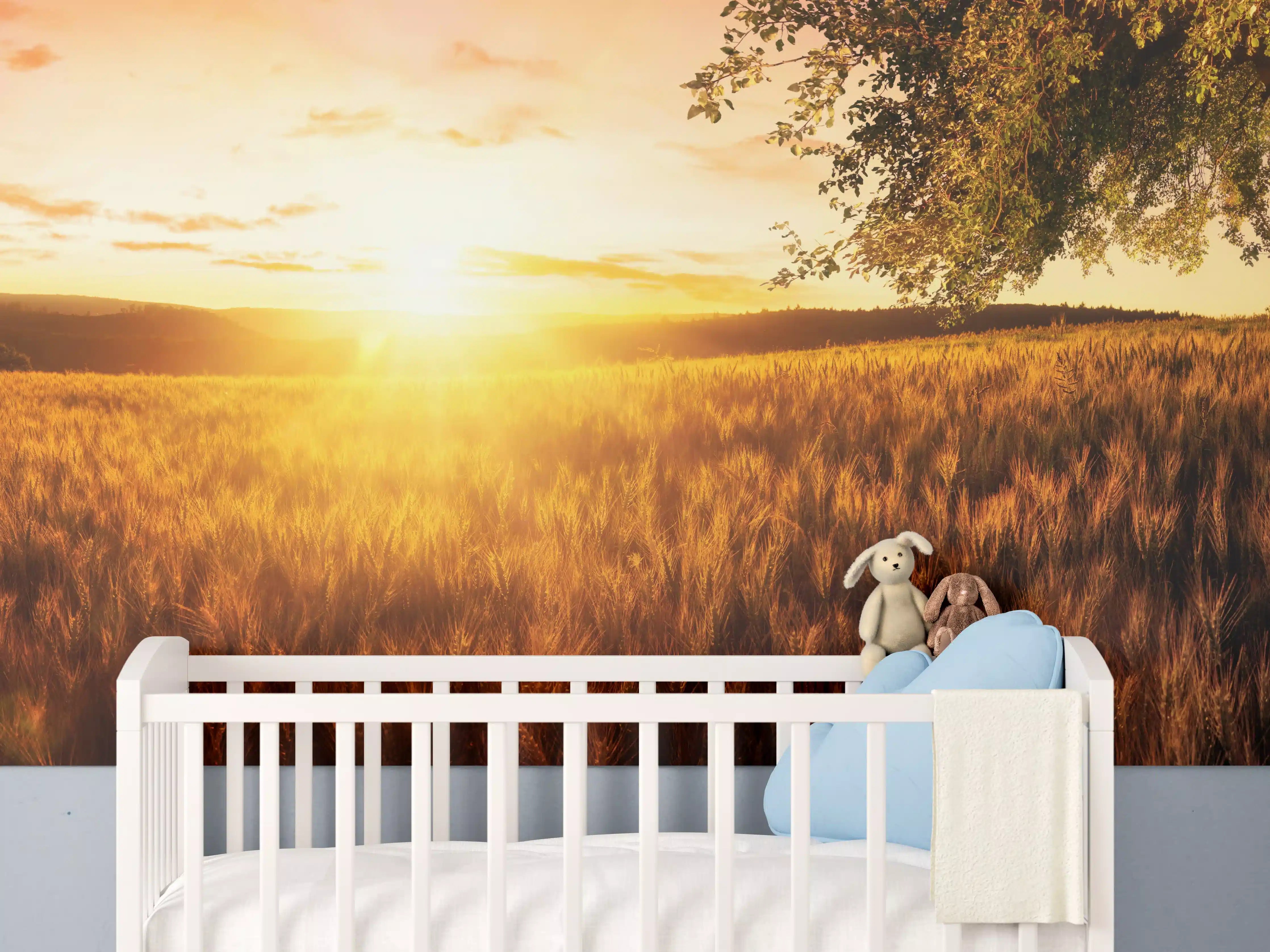 Babyzimmer Wandgestaltung - Goldenes Sonnenuntergangs-Landschaftsbild