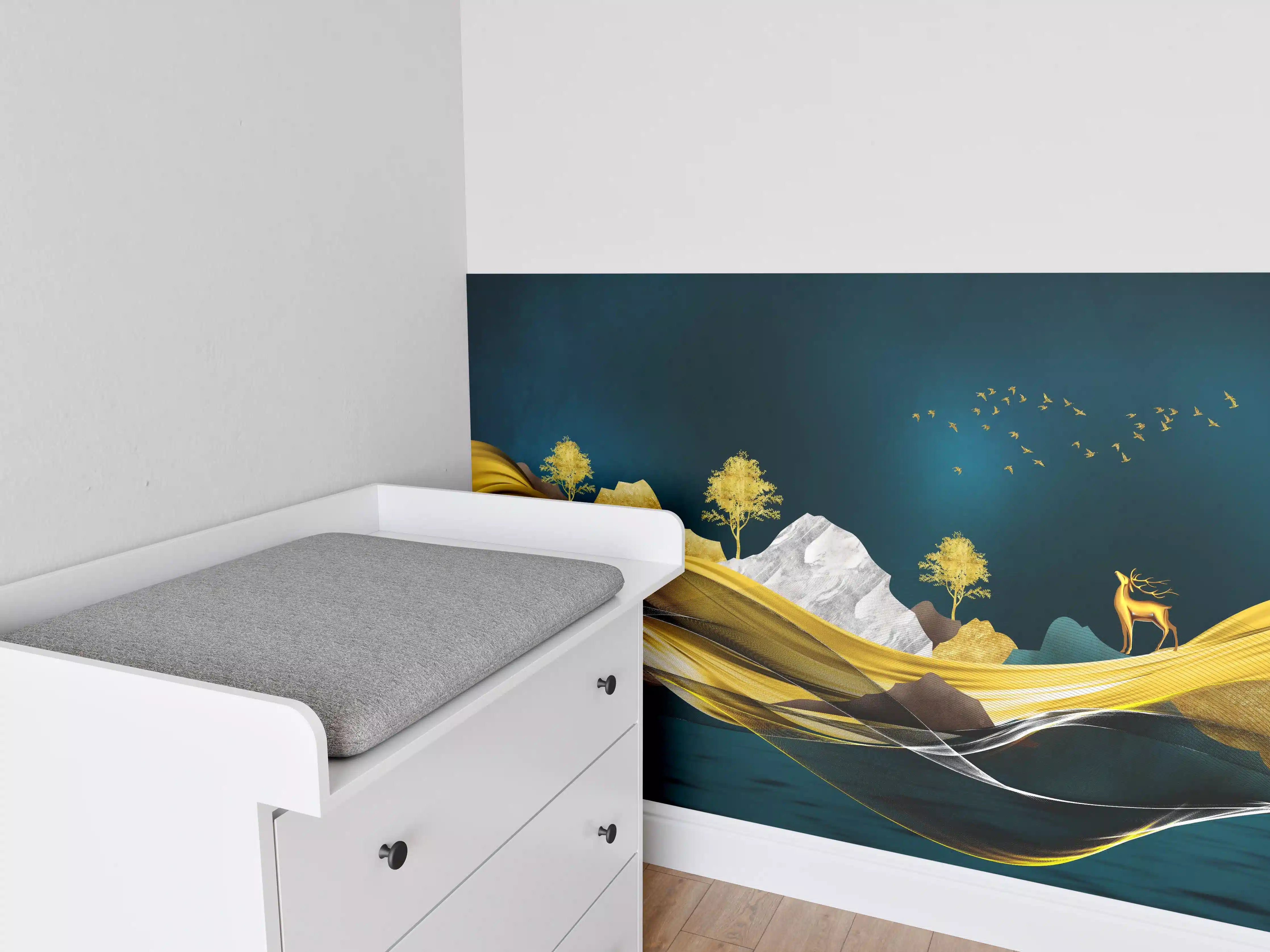 Babyzimmer Wandgestaltung - Goldenes Wellendesign - 3D