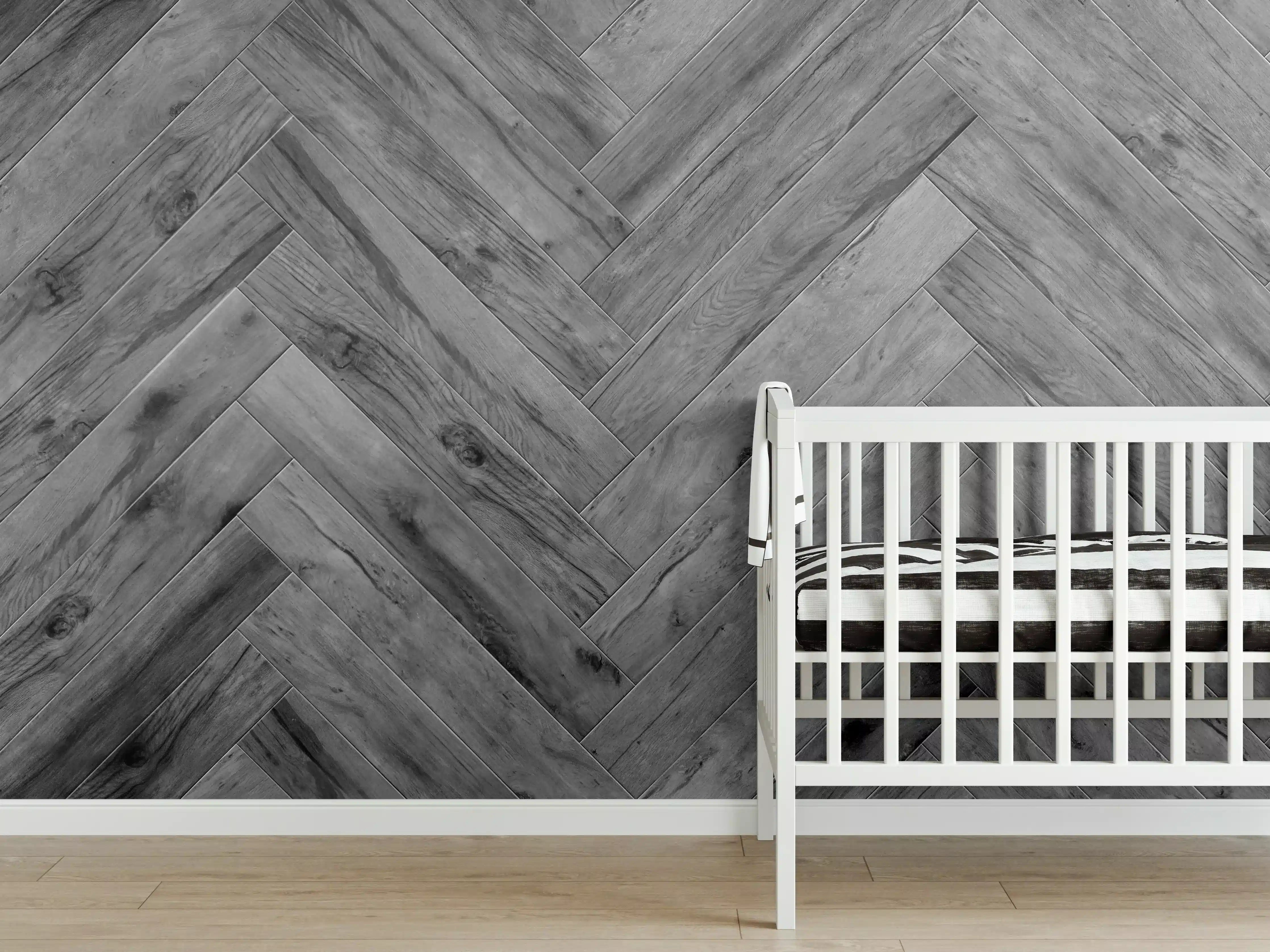 Babyzimmer Wandgestaltung - Gräuliches Holzparkett mit Fischgrätenmuster