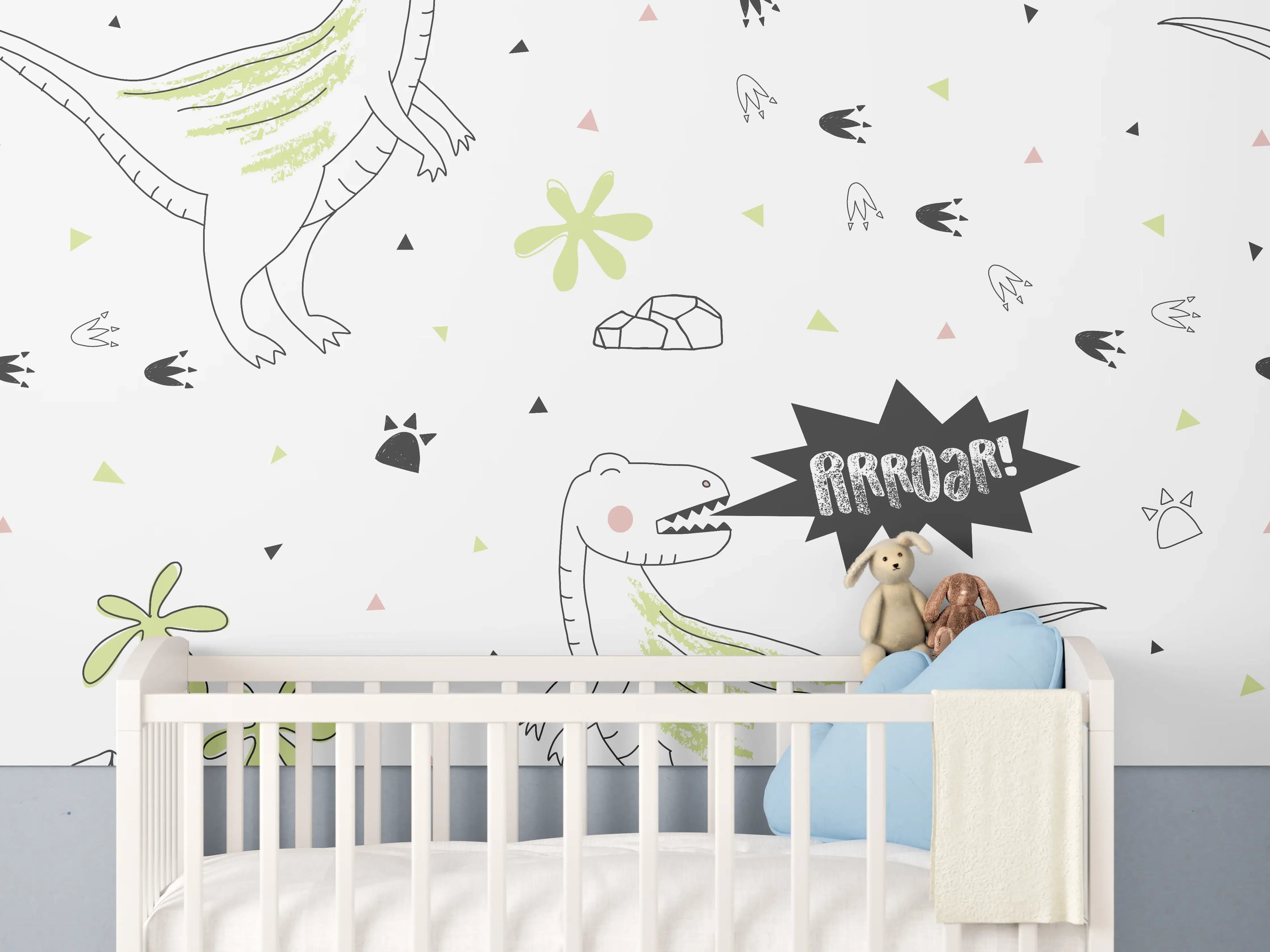 Babyzimmer Wandgestaltung - Graffiti-T-Rex mit Sprechblasen