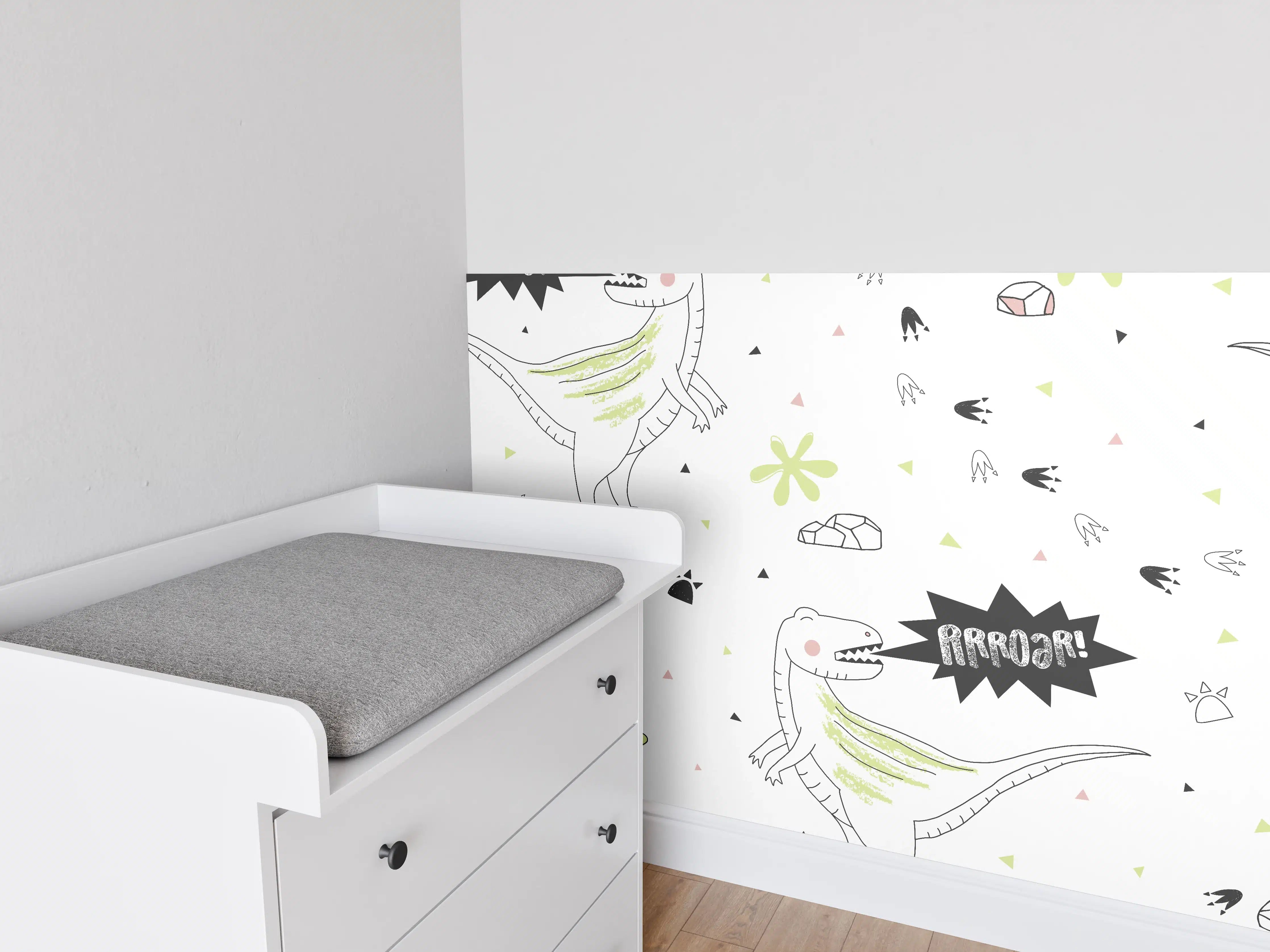 Babyzimmer Wandgestaltung - Graffiti-T-Rex mit Sprechblasen