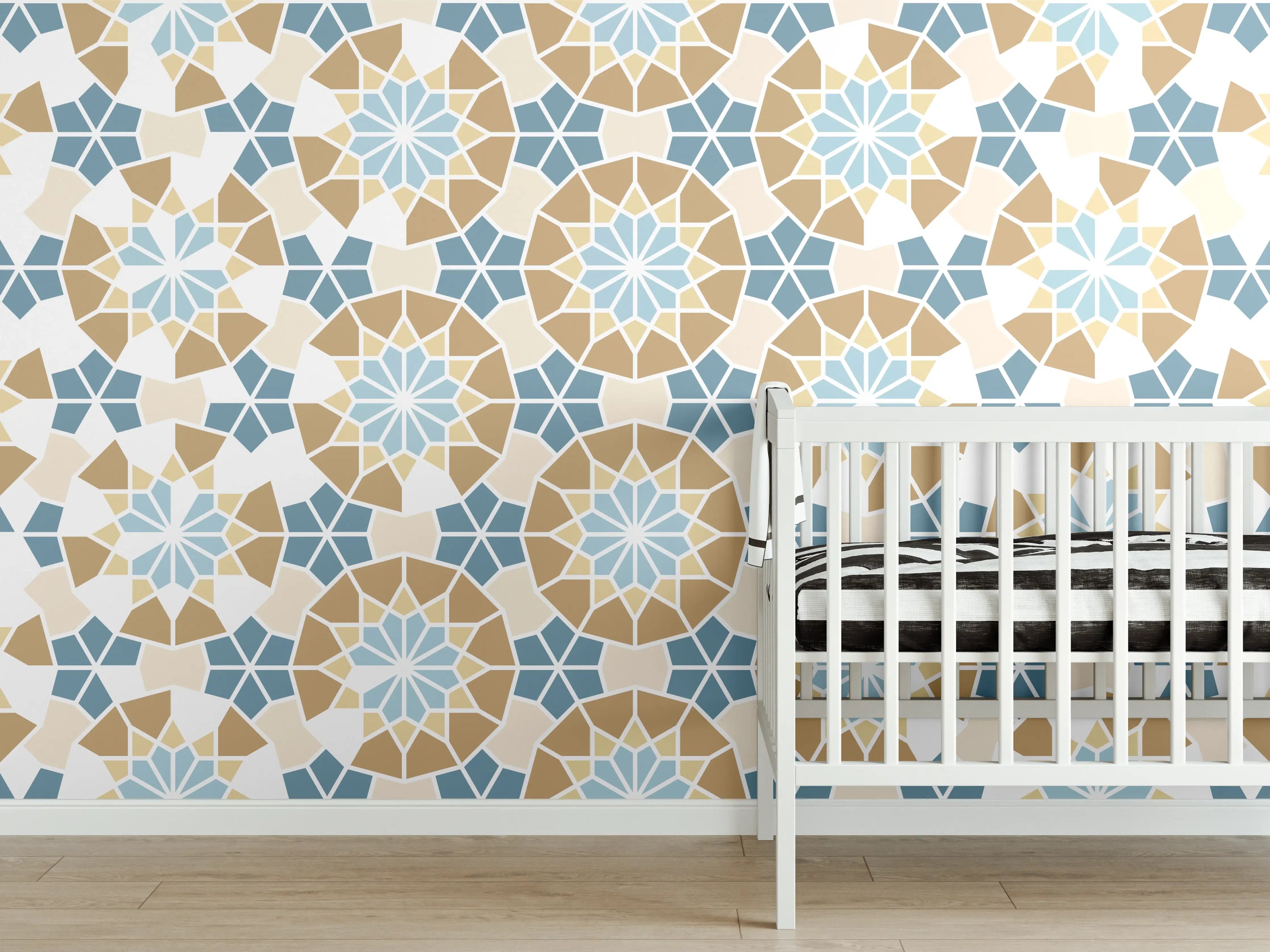 Babyzimmer Wandgestaltung - Grafisches Blau Beige Muster