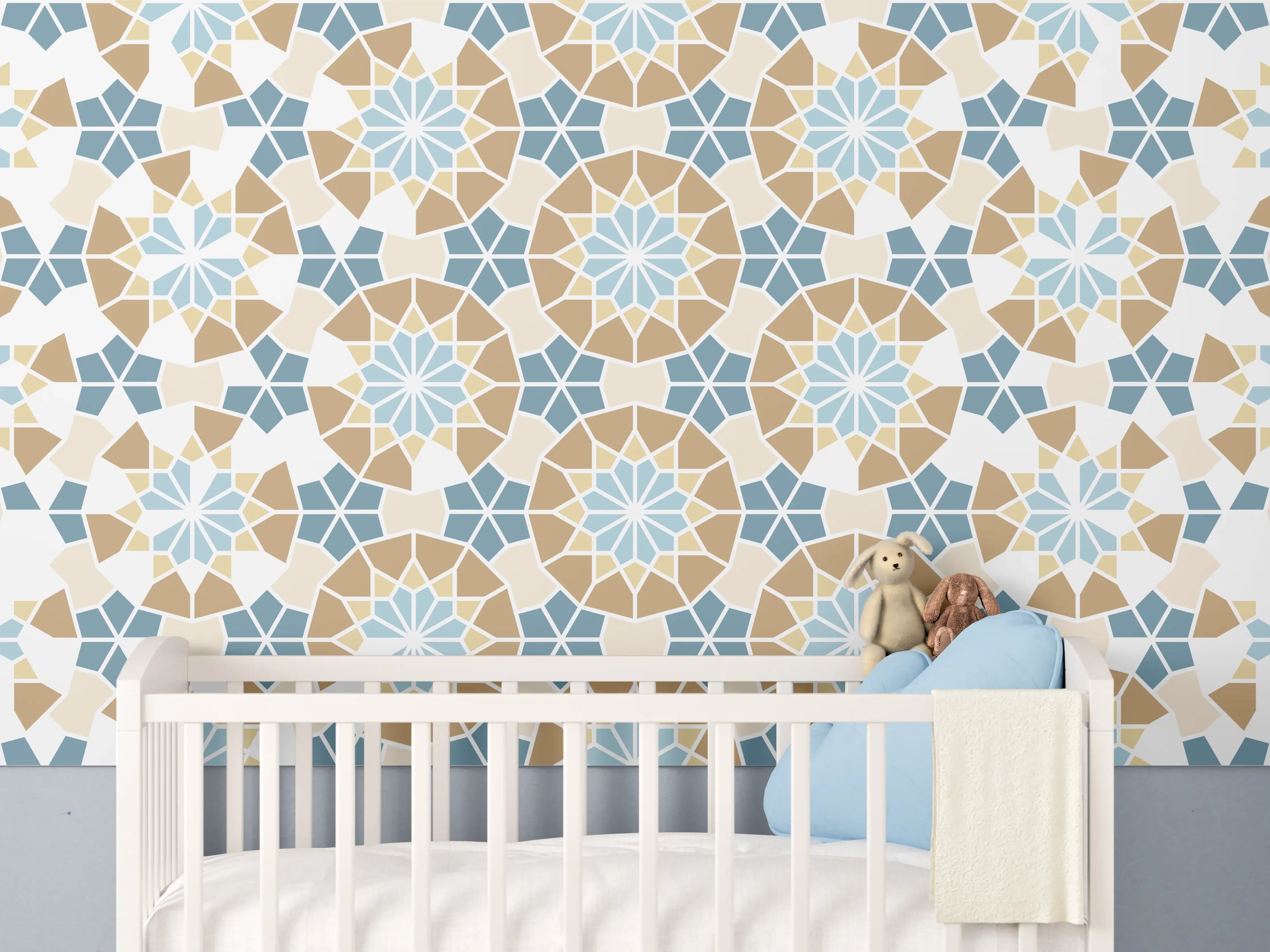Babyzimmer Wandgestaltung - Grafisches Blau Beige Muster