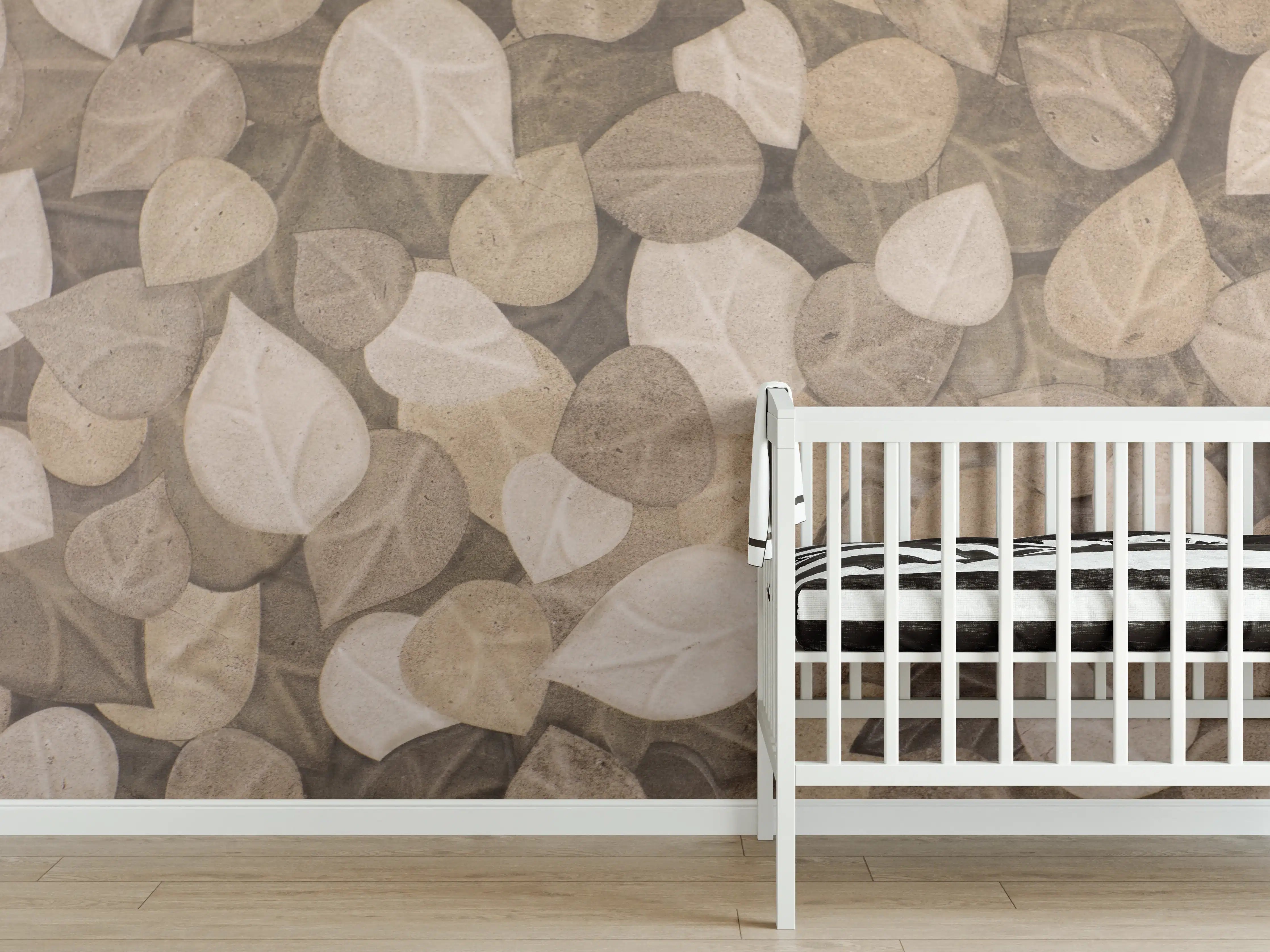 Babyzimmer Wandgestaltung - Grau-Braune Blatt Muster Tapete