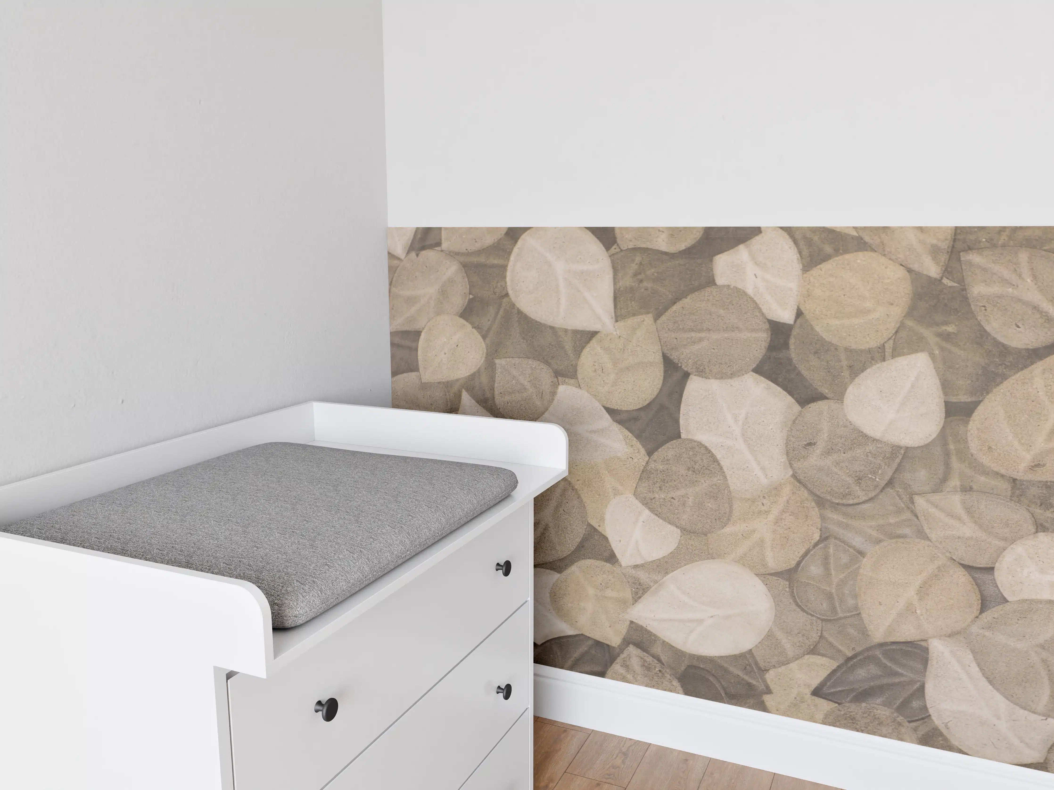 Babyzimmer Wandgestaltung - Grau-Braune Blatt Muster Tapete