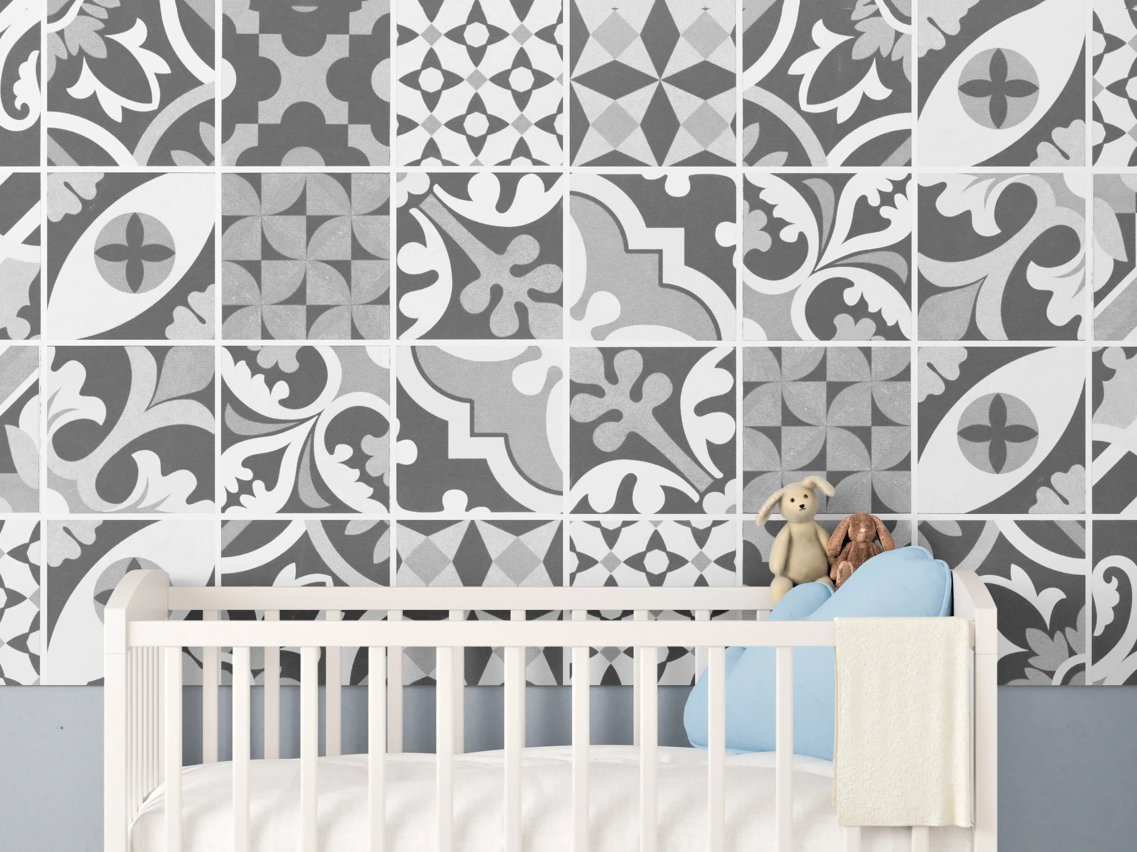 Babyzimmer Wandgestaltung - Grau-Weiß Vintage Mosaik