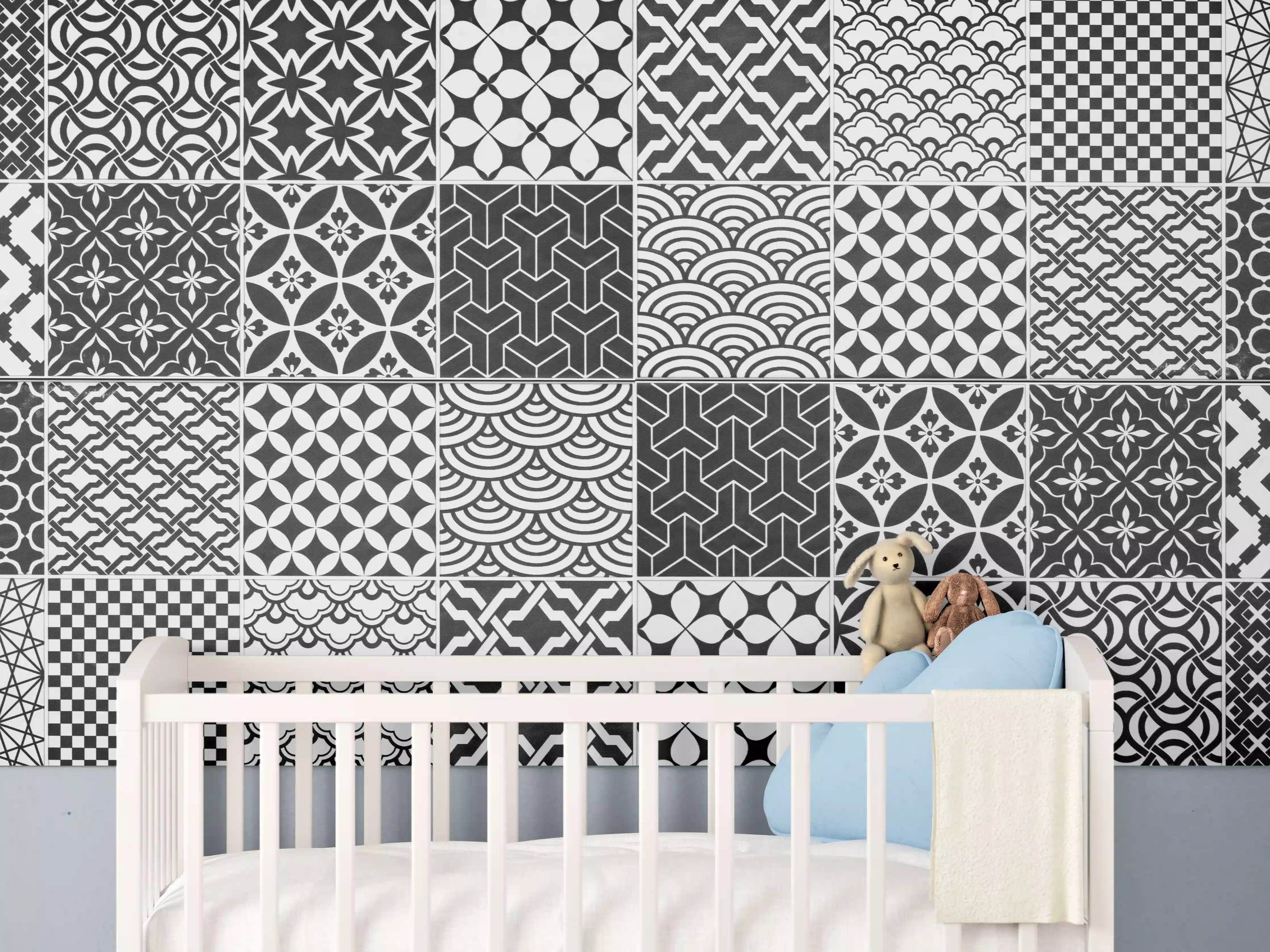 Babyzimmer Wandgestaltung - Grau-Weiß geometrisch Mosaik