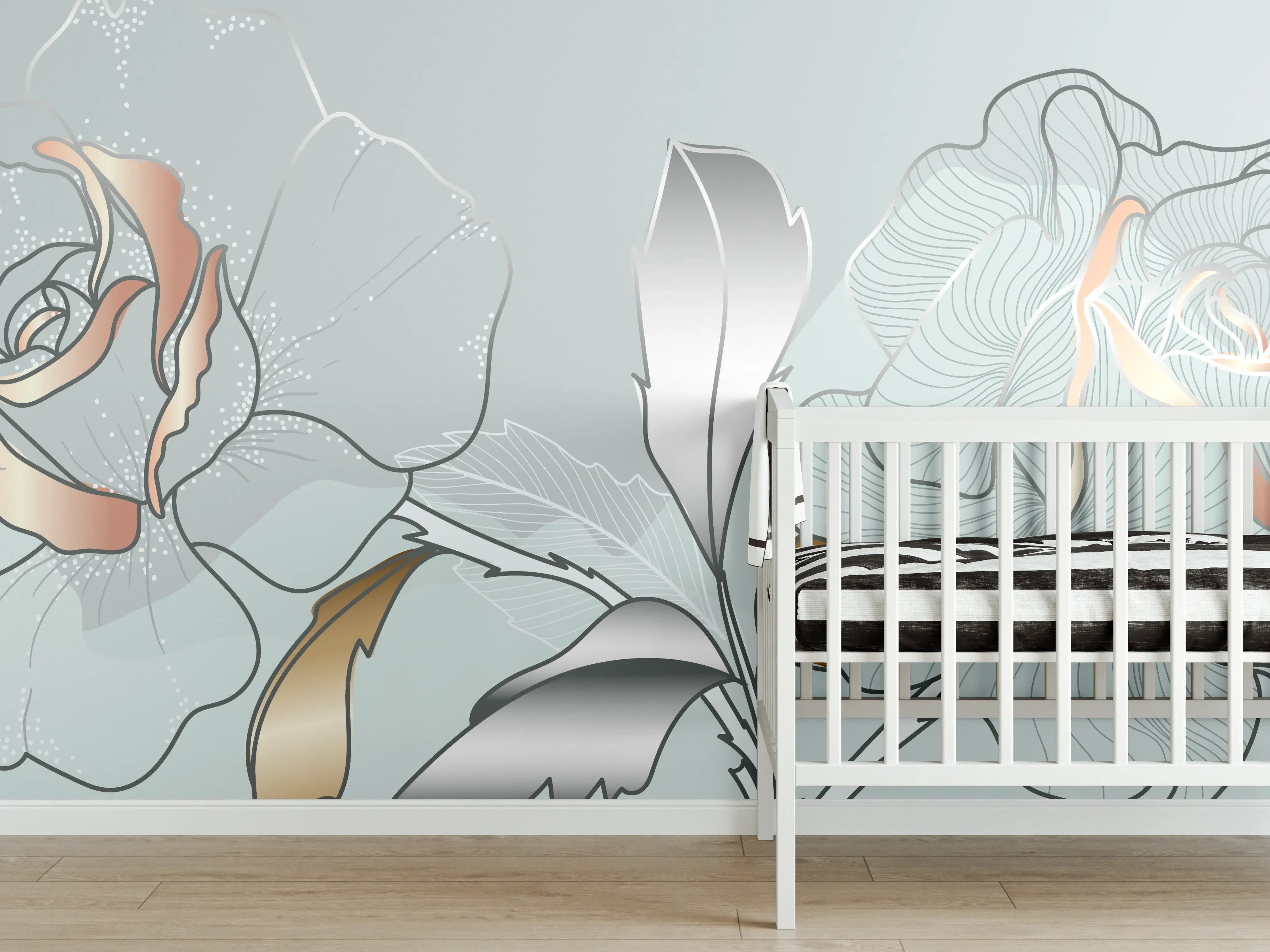 Babyzimmer Wandgestaltung - Grau-Weiße Blumenillustration