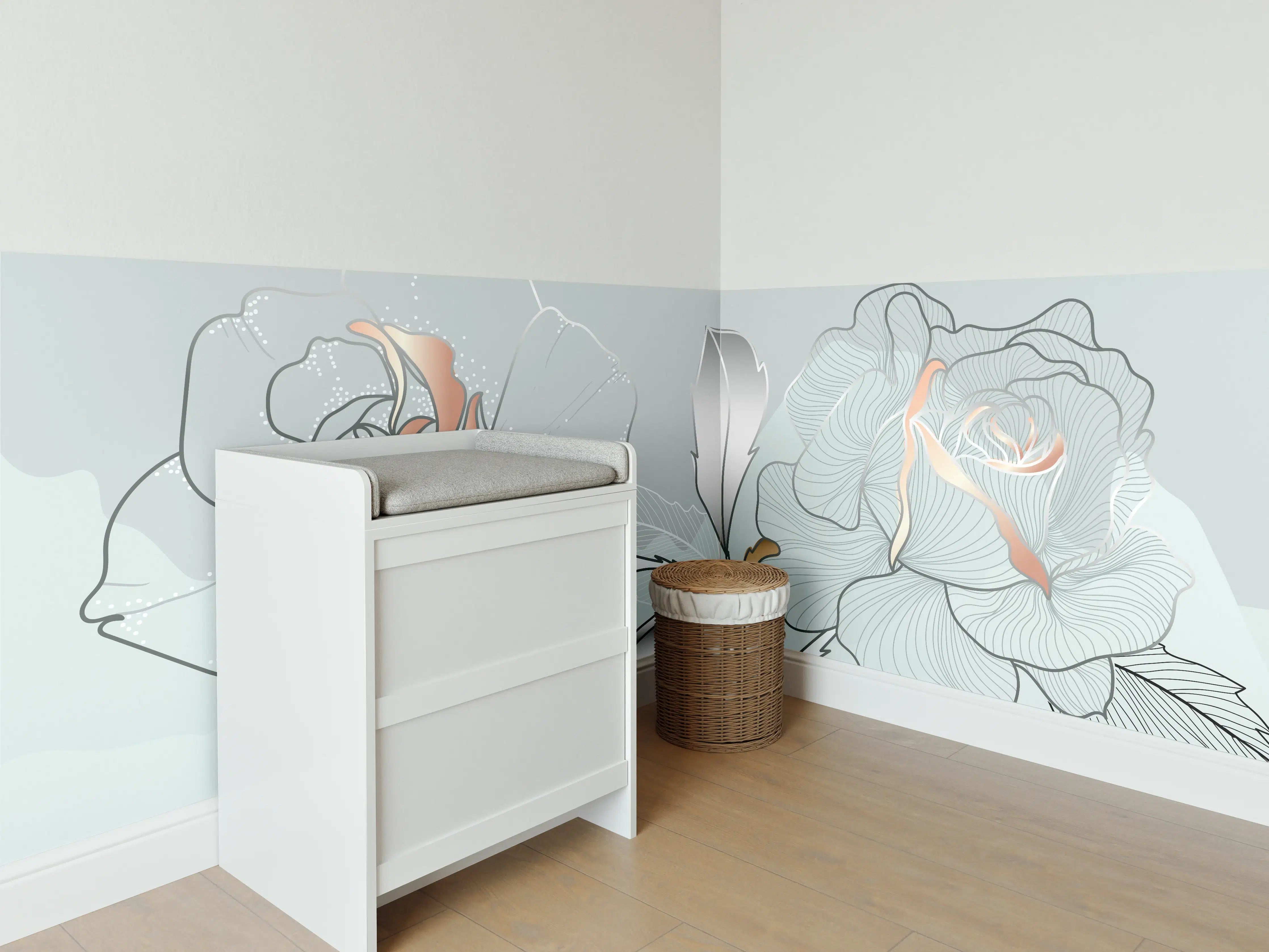 Babyzimmer Wandgestaltung - Grau-Weiße Blumenillustration