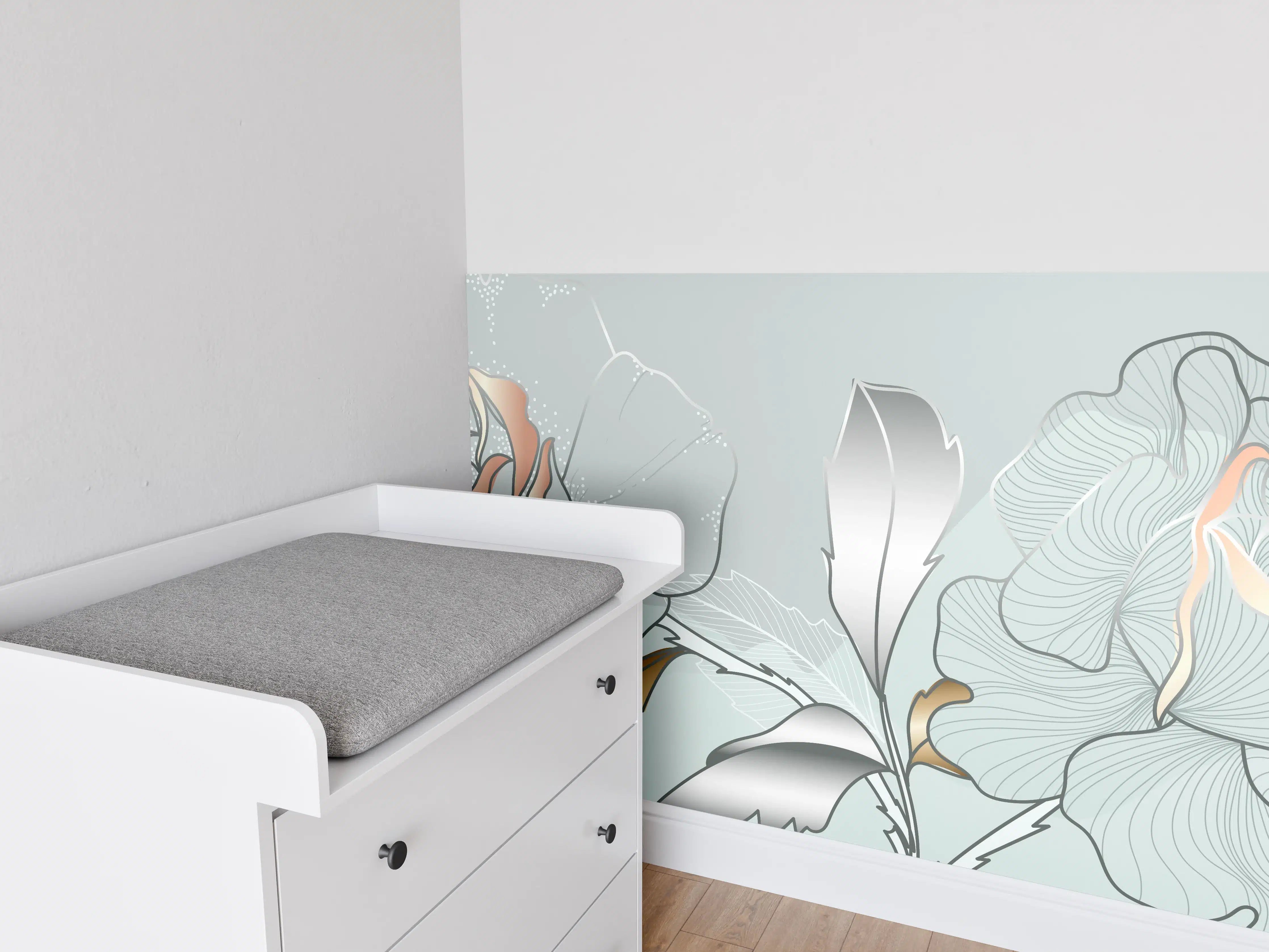 Babyzimmer Wandgestaltung - Grau-Weiße Blumenillustration