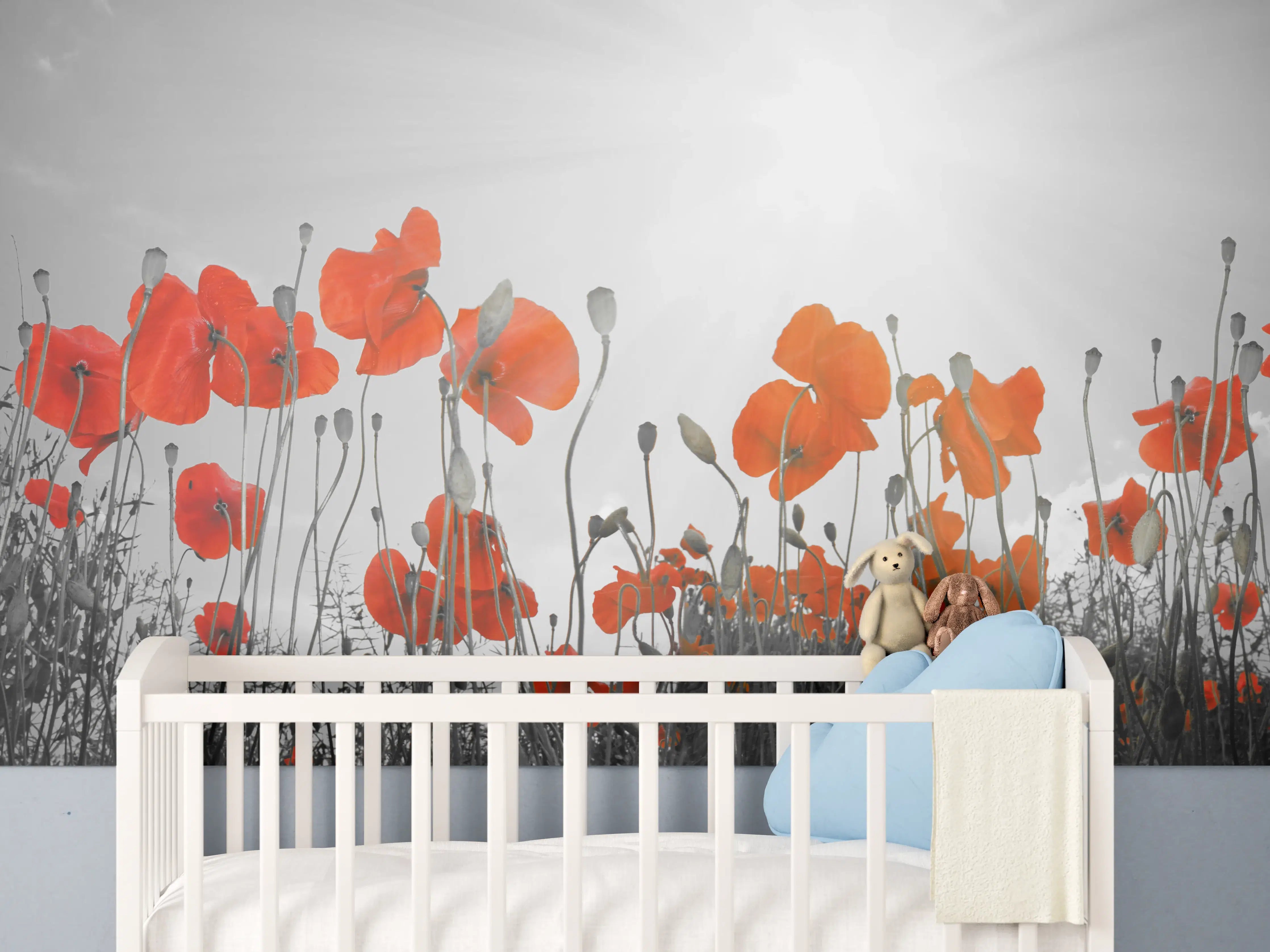 Babyzimmer Wandgestaltung - Grau schimmernde Mohnblüten im Sonnenlicht