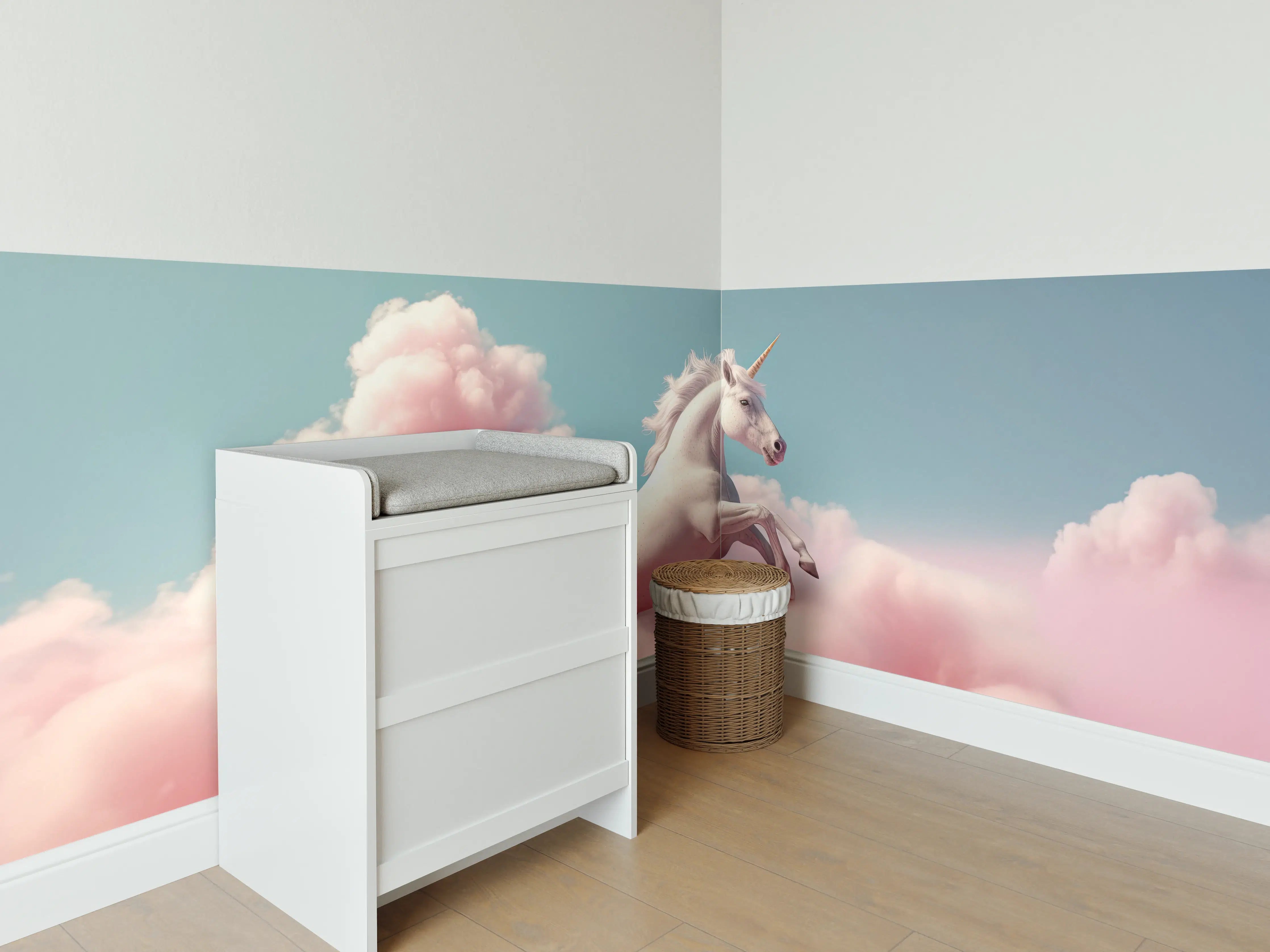 Babyzimmer Wandgestaltung - Grau schimmernder Einhorn-Himmel