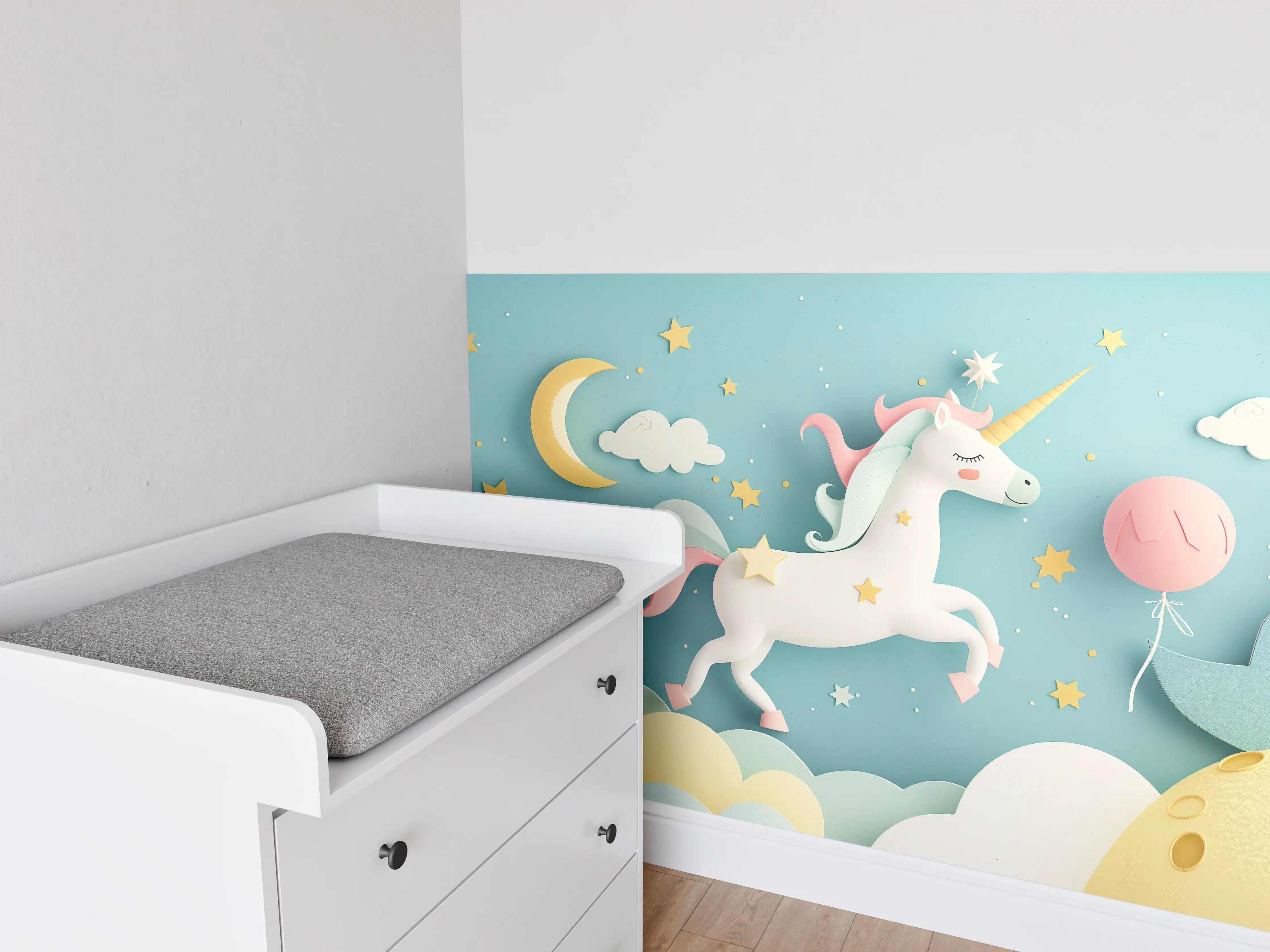 Babyzimmer Wandgestaltung - Grau-weißer Einhorntraum mit Sternen