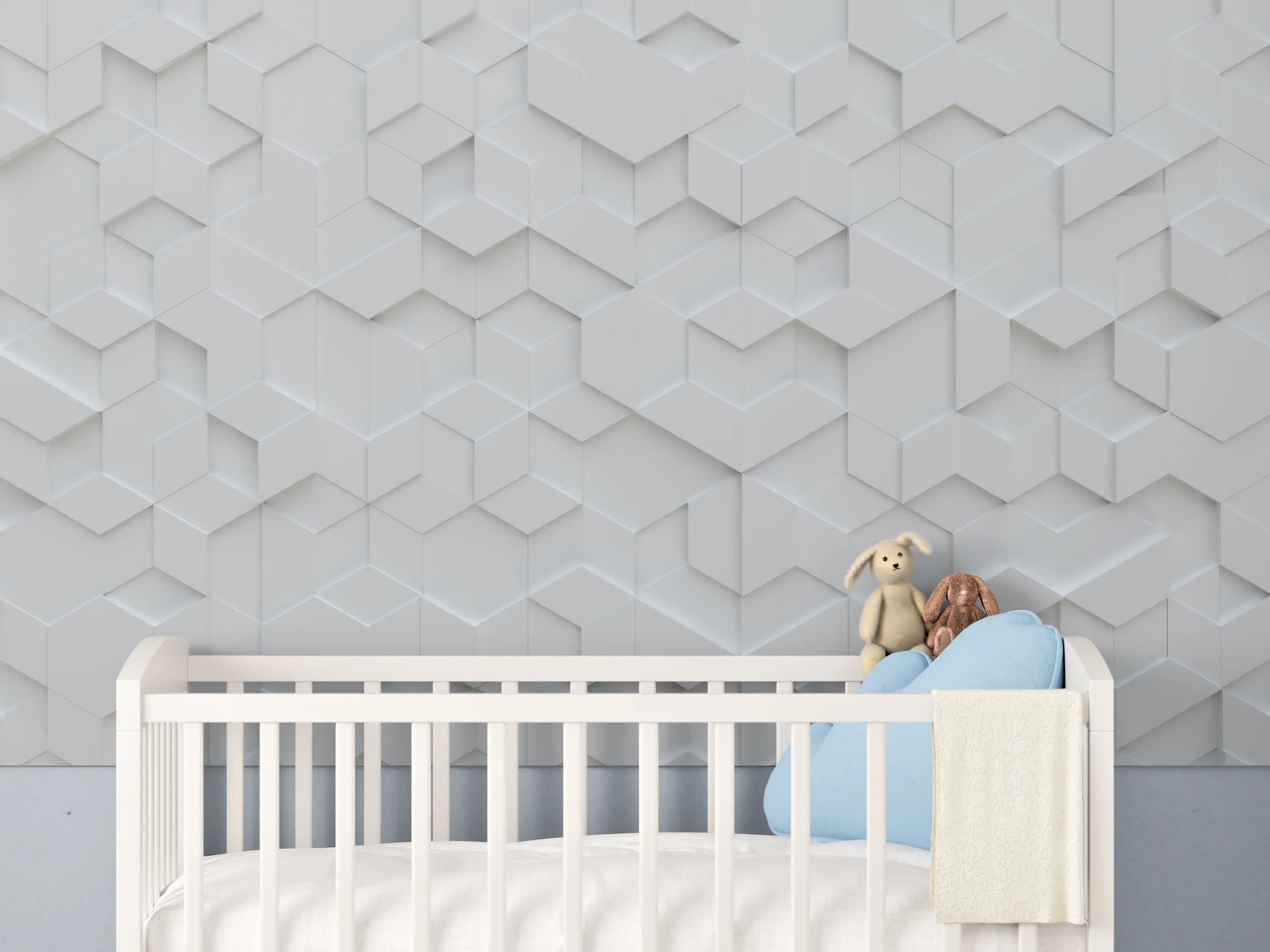 Babyzimmer Wandgestaltung - Graue 3D-Wandpaneele mit geometrischem Muster