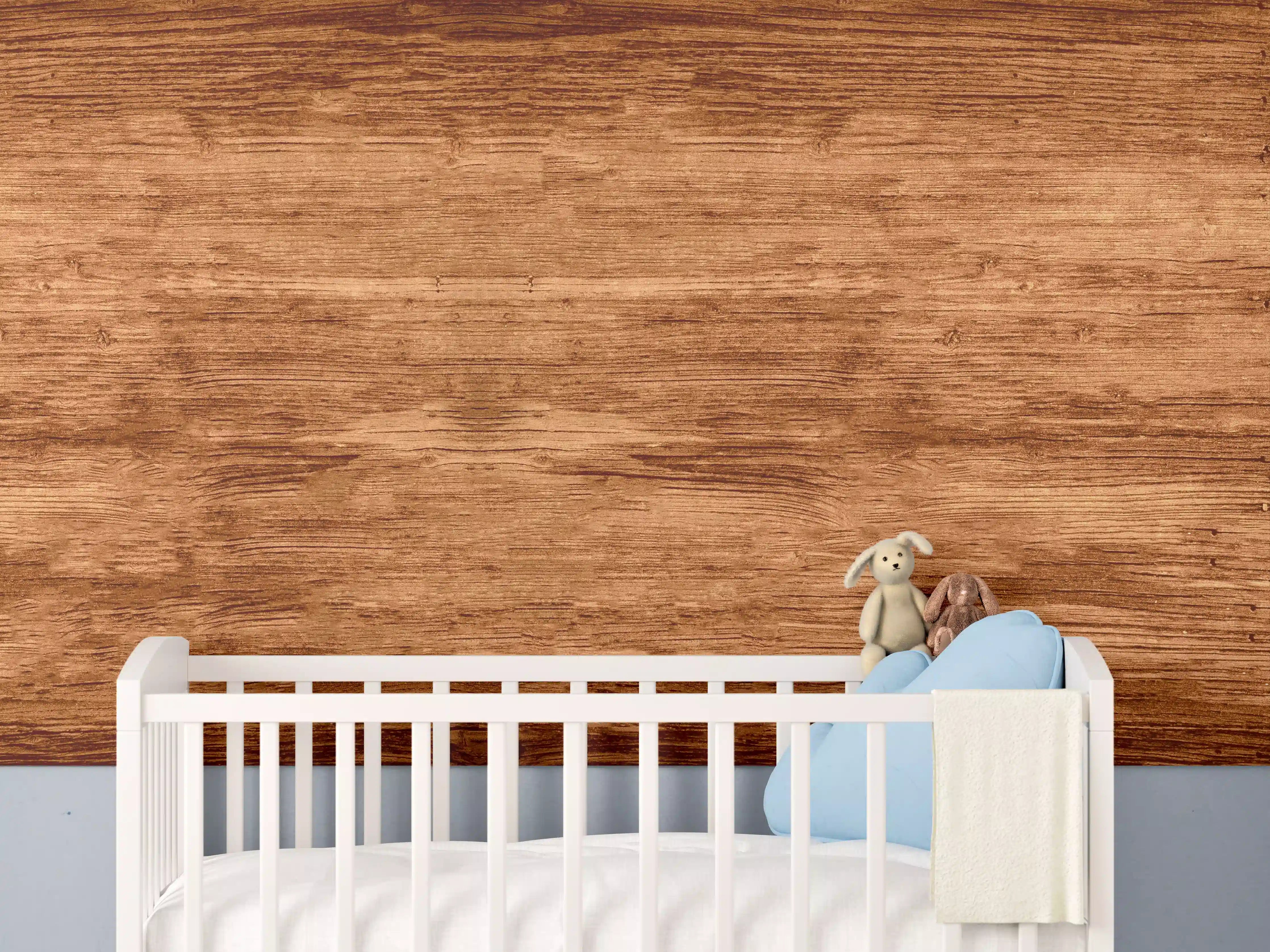 Babyzimmer Wandgestaltung - Graue Holzoptik mit warmen Akzenten