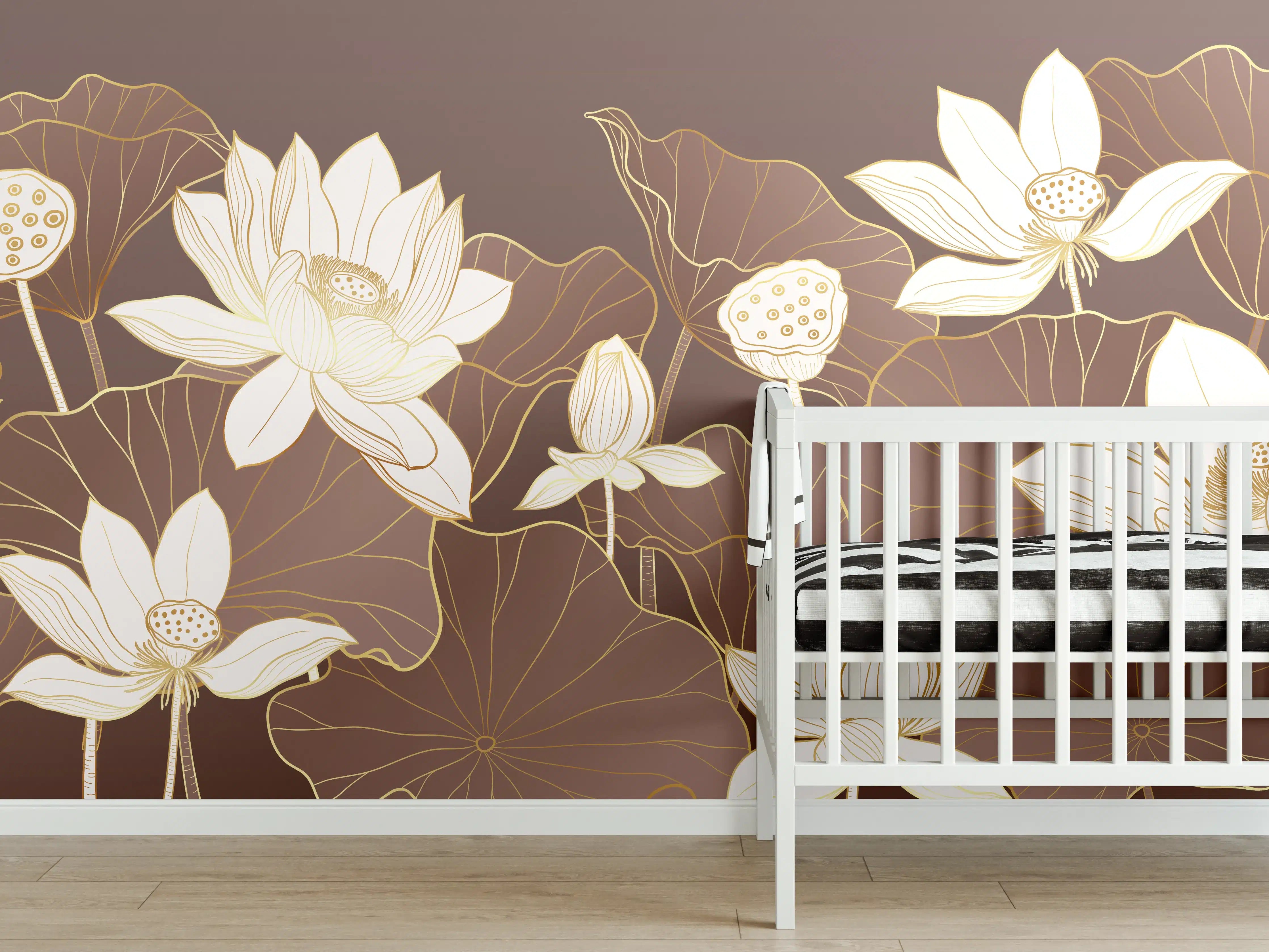 Babyzimmer Wandgestaltung - Graue Lotusblüten auf braunem Grund