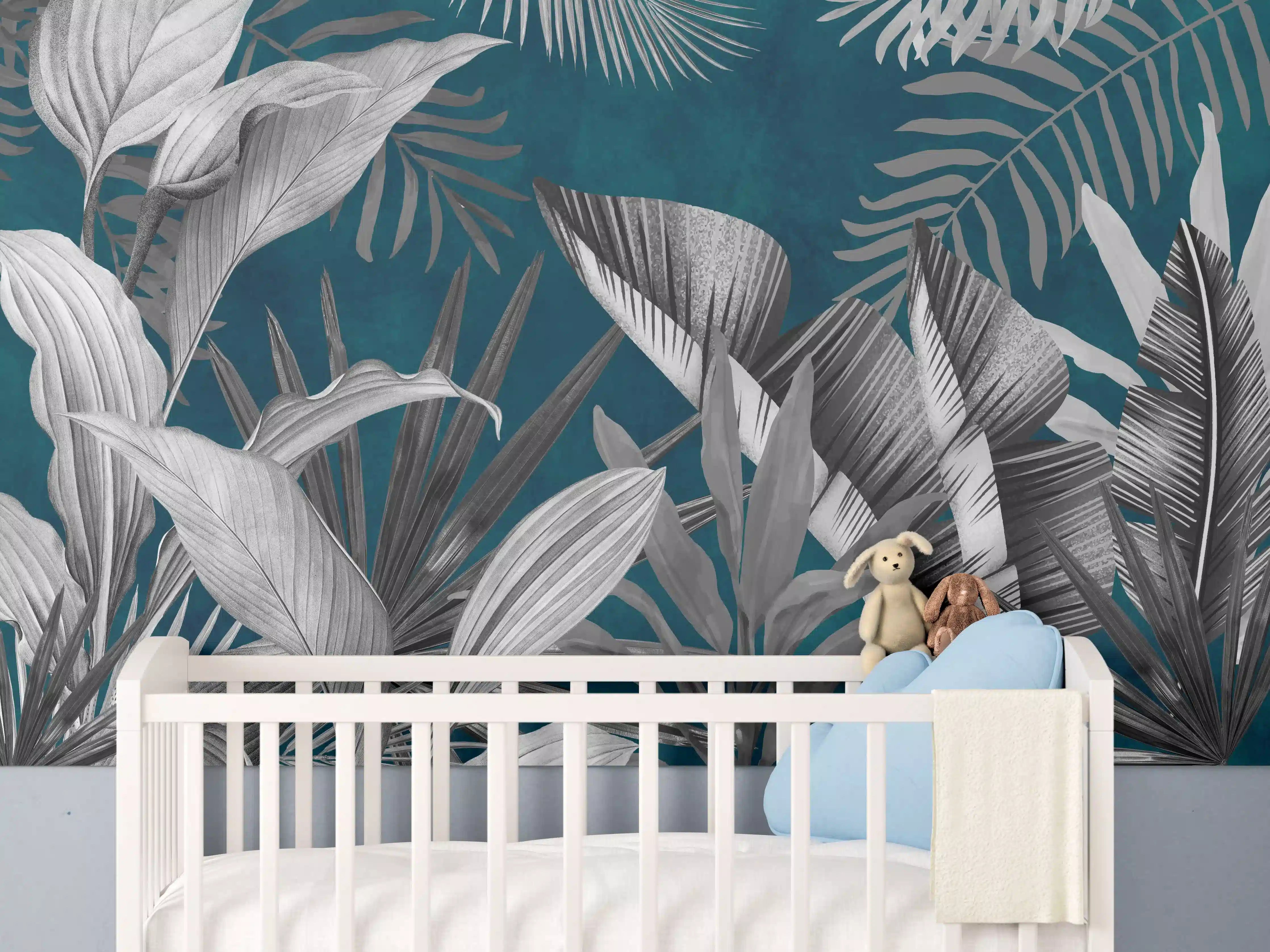 Babyzimmer Wandgestaltung - Graue Pflanzen auf blauem Hintergrund