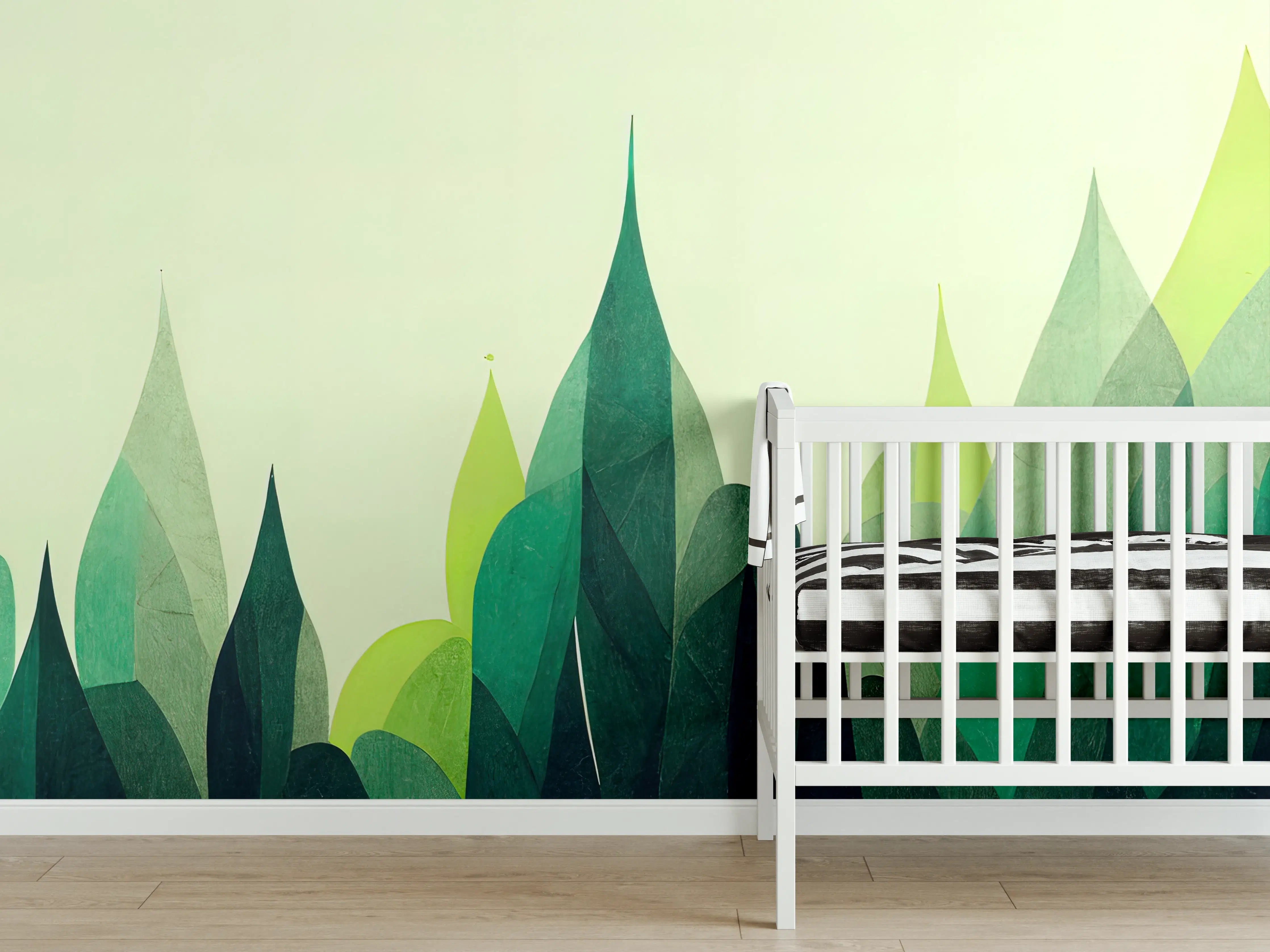 Babyzimmer Wandgestaltung - Graue Schatten in Grüner Bergwelt