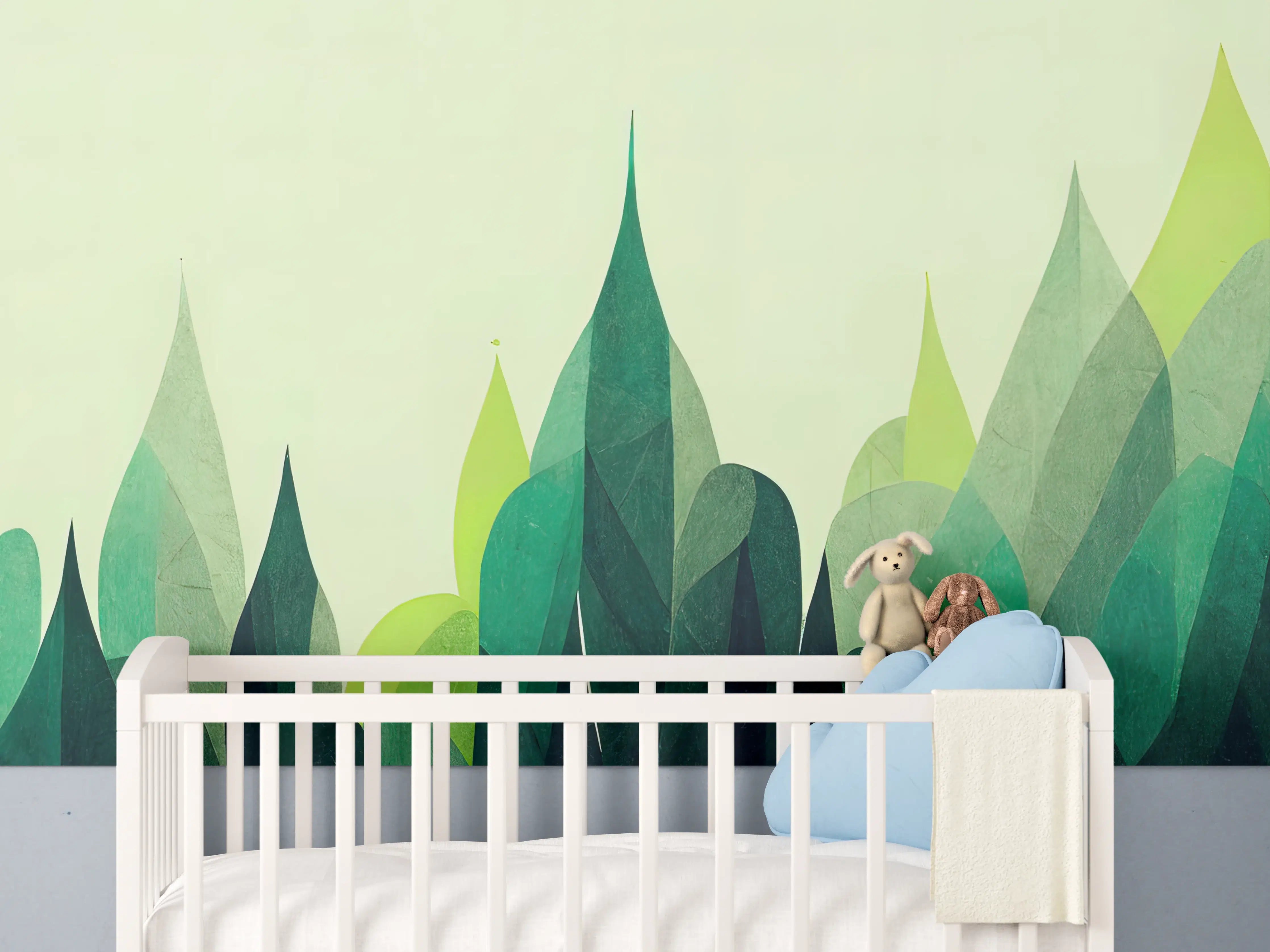 Babyzimmer Wandgestaltung - Graue Schatten in Grüner Bergwelt