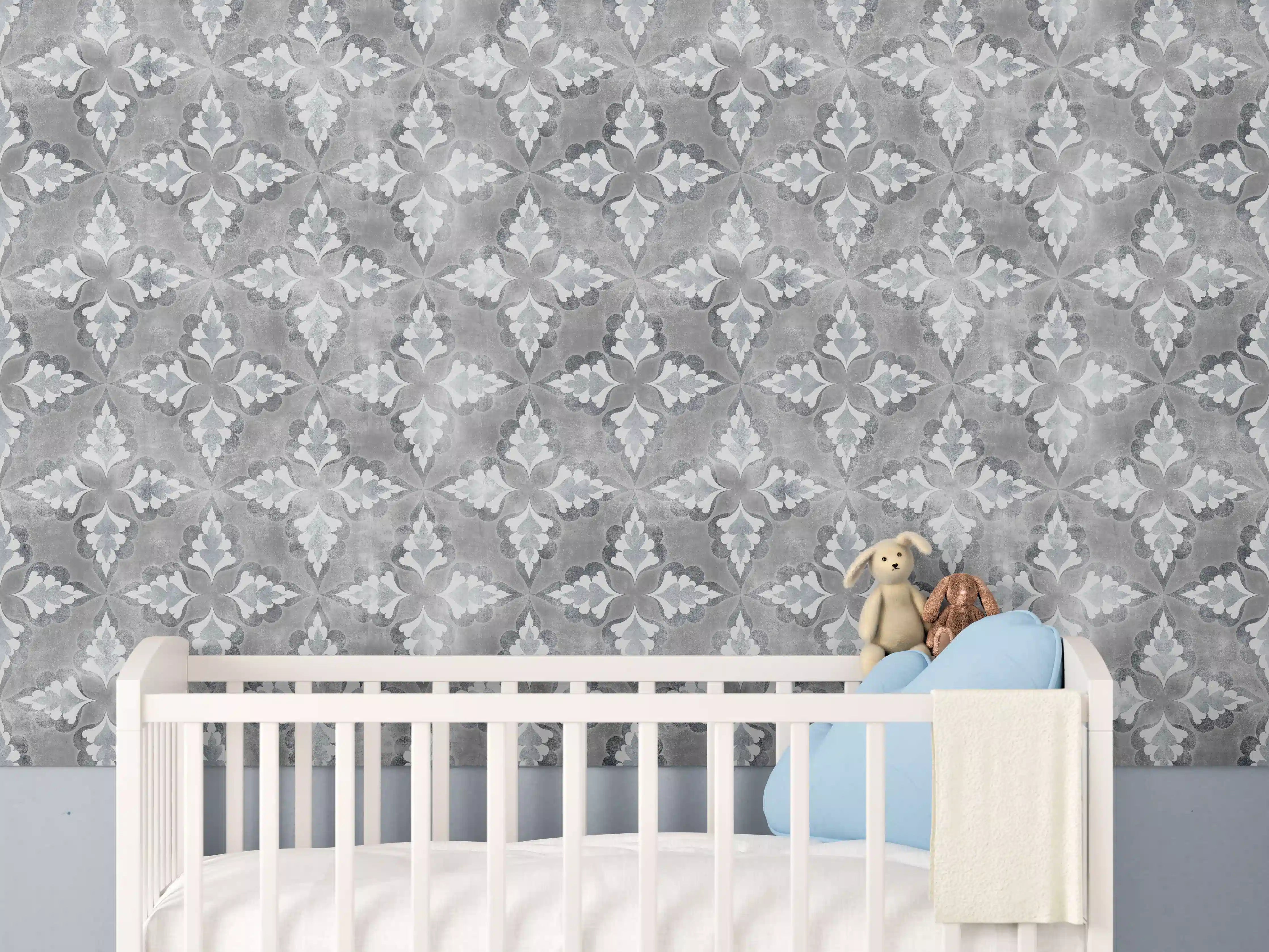 Babyzimmer Wandgestaltung - Graue Vintage-Fliesen mit floralem Muster