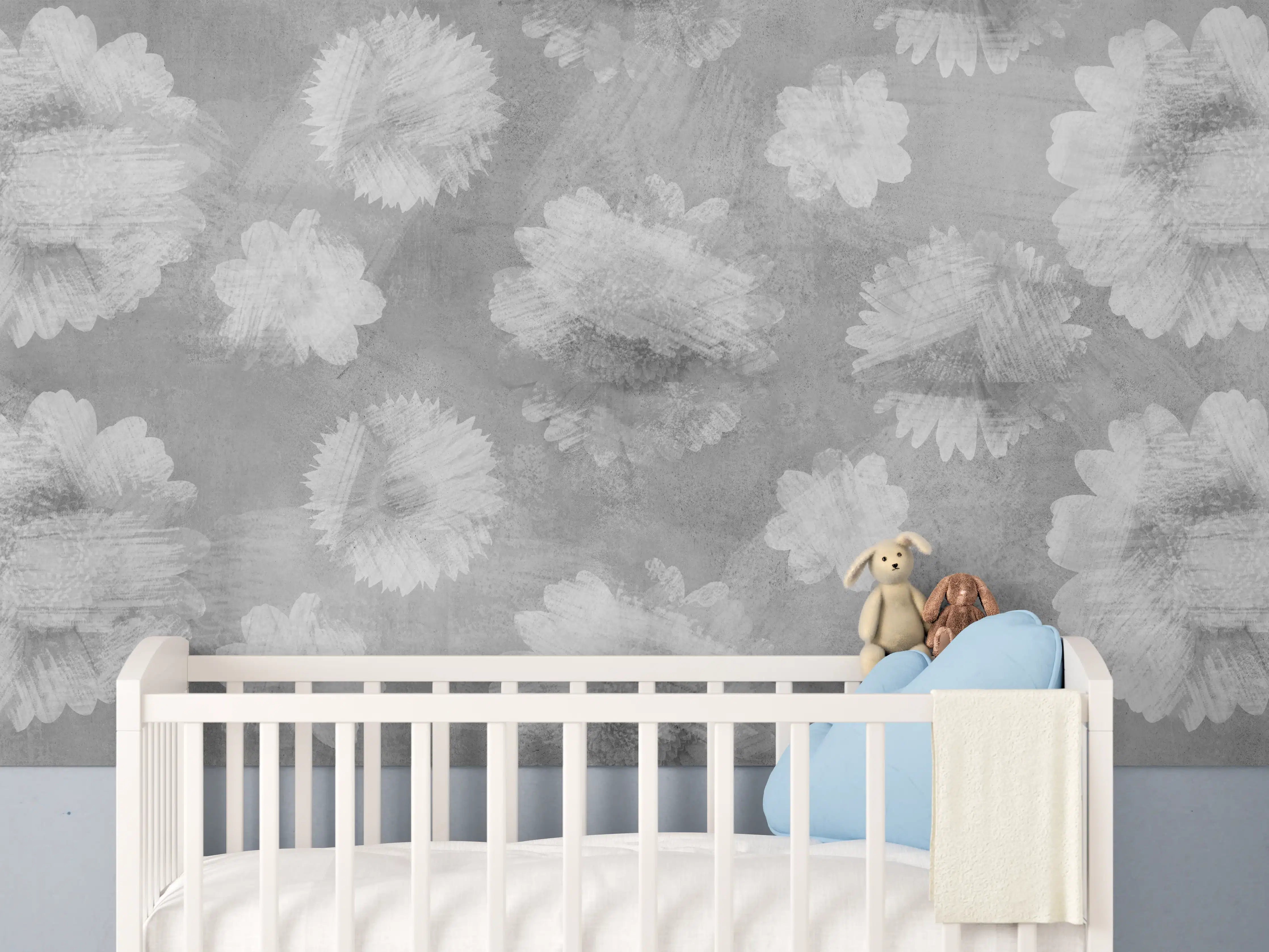 Babyzimmer Wandgestaltung - Graue Zement Wand mit weißem Blumenmuster