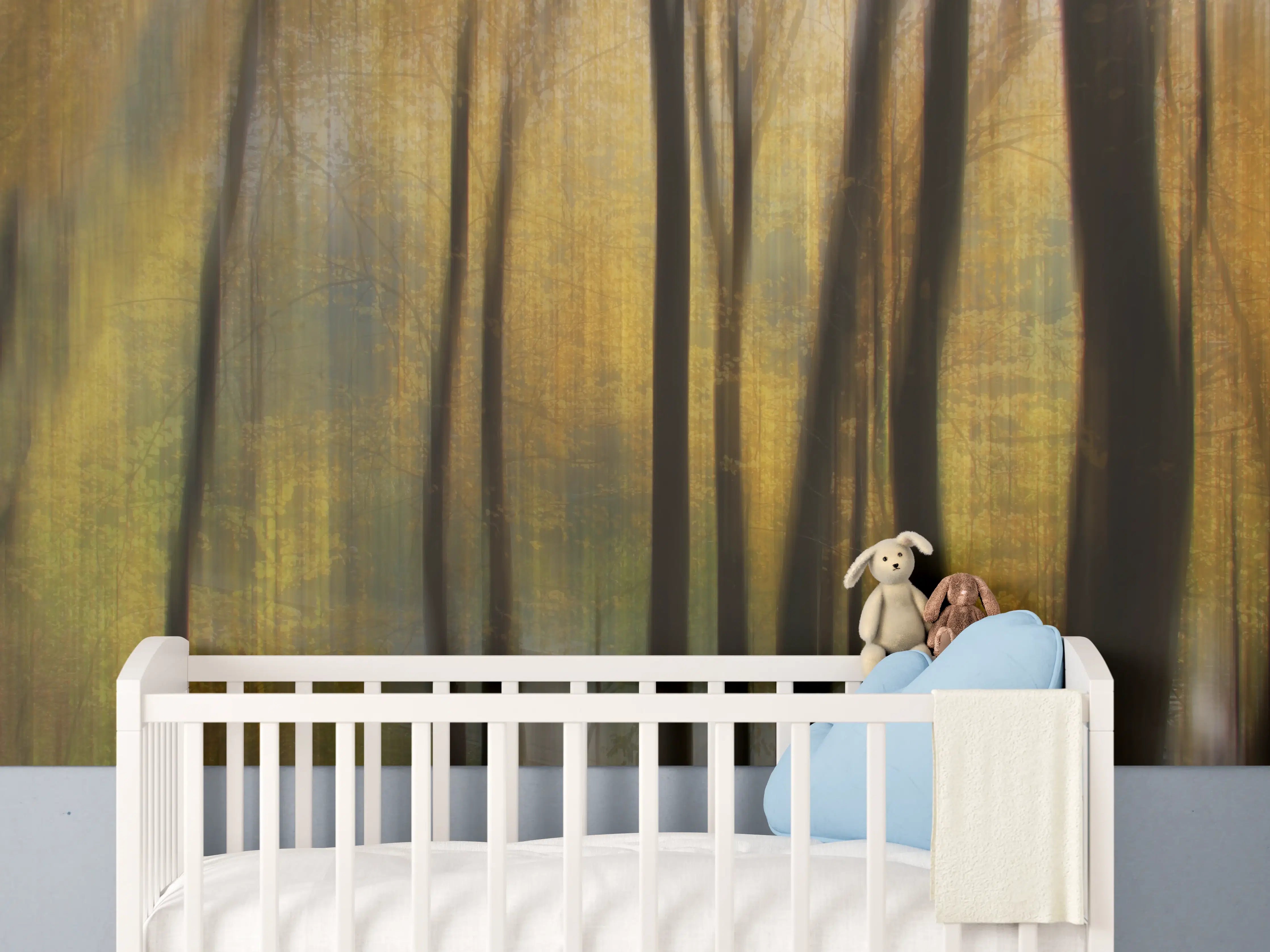 Babyzimmer Wandgestaltung - Grauer Herbstwald mit goldenem Glanz