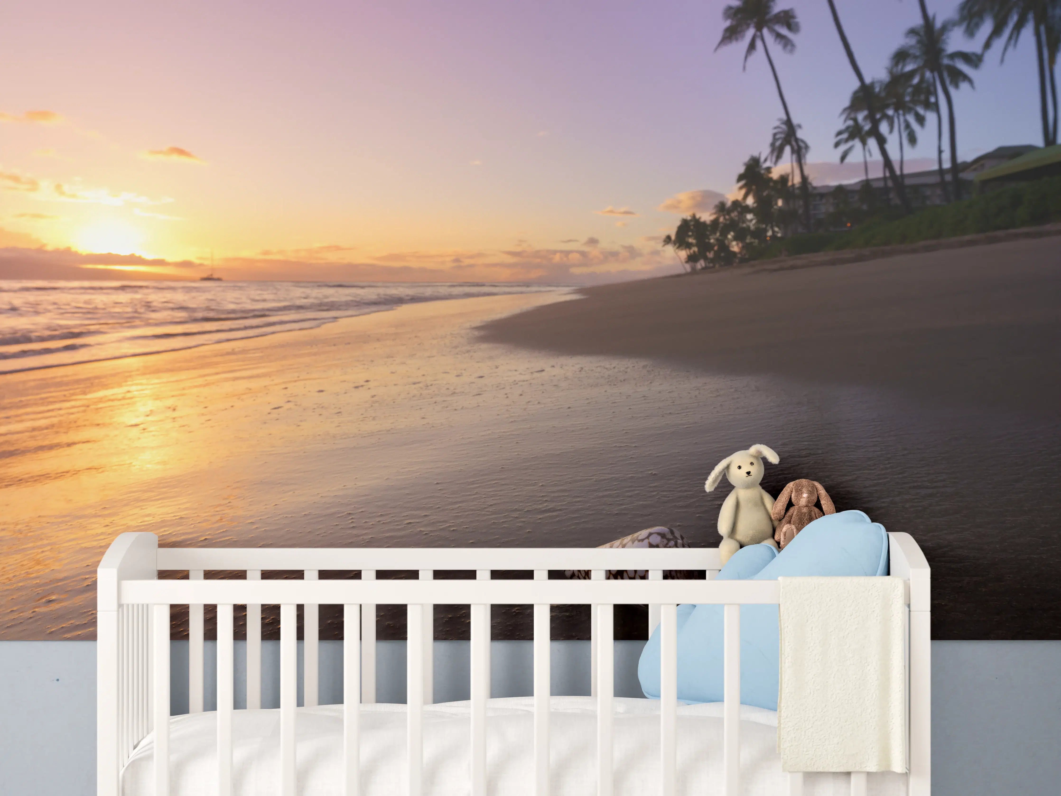 Babyzimmer Wandgestaltung - Grauer Sonnenuntergang am Palmenstrand