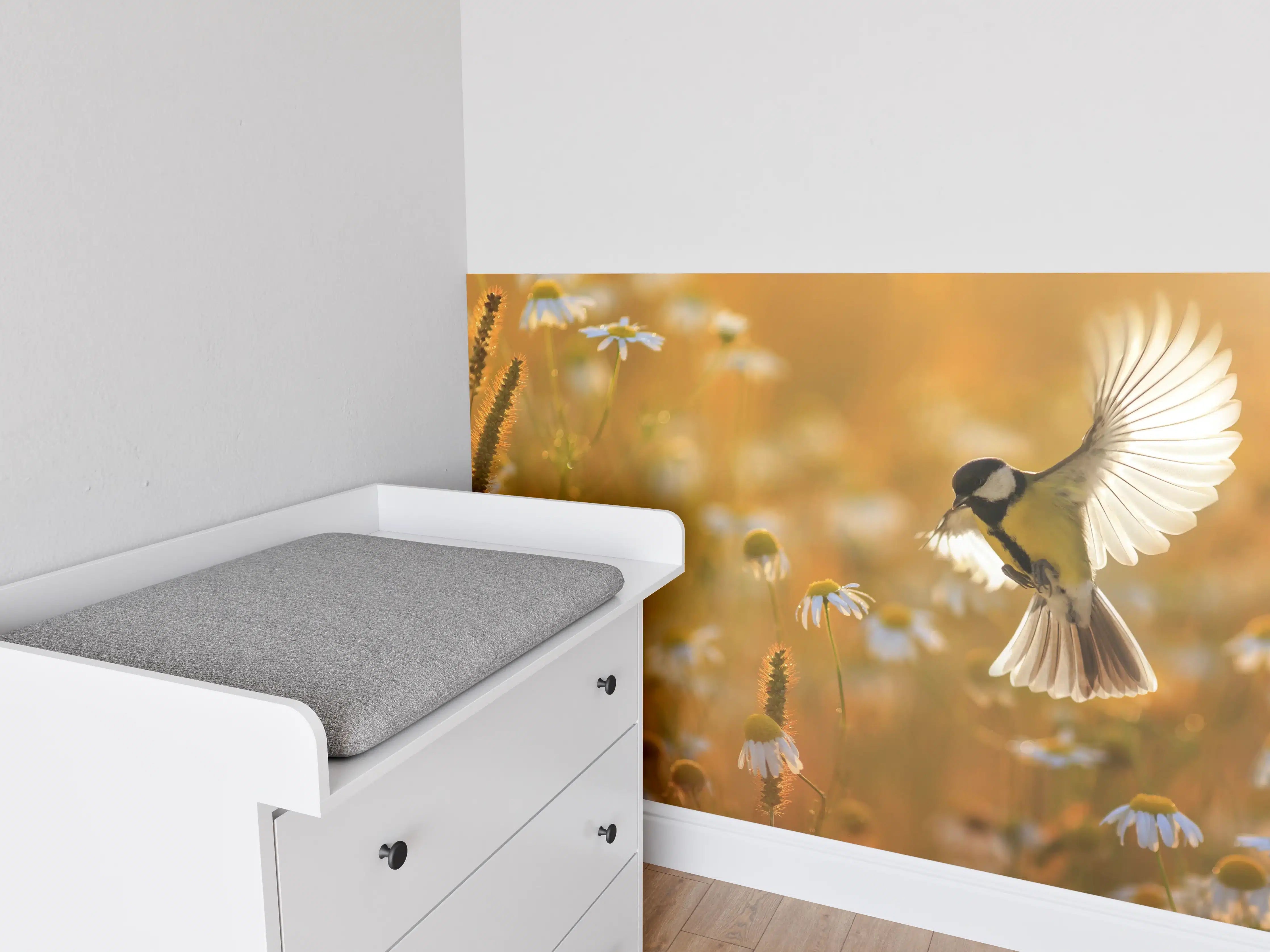 Babyzimmer Wandgestaltung - Grauer Vogel im Sonnenstrahl