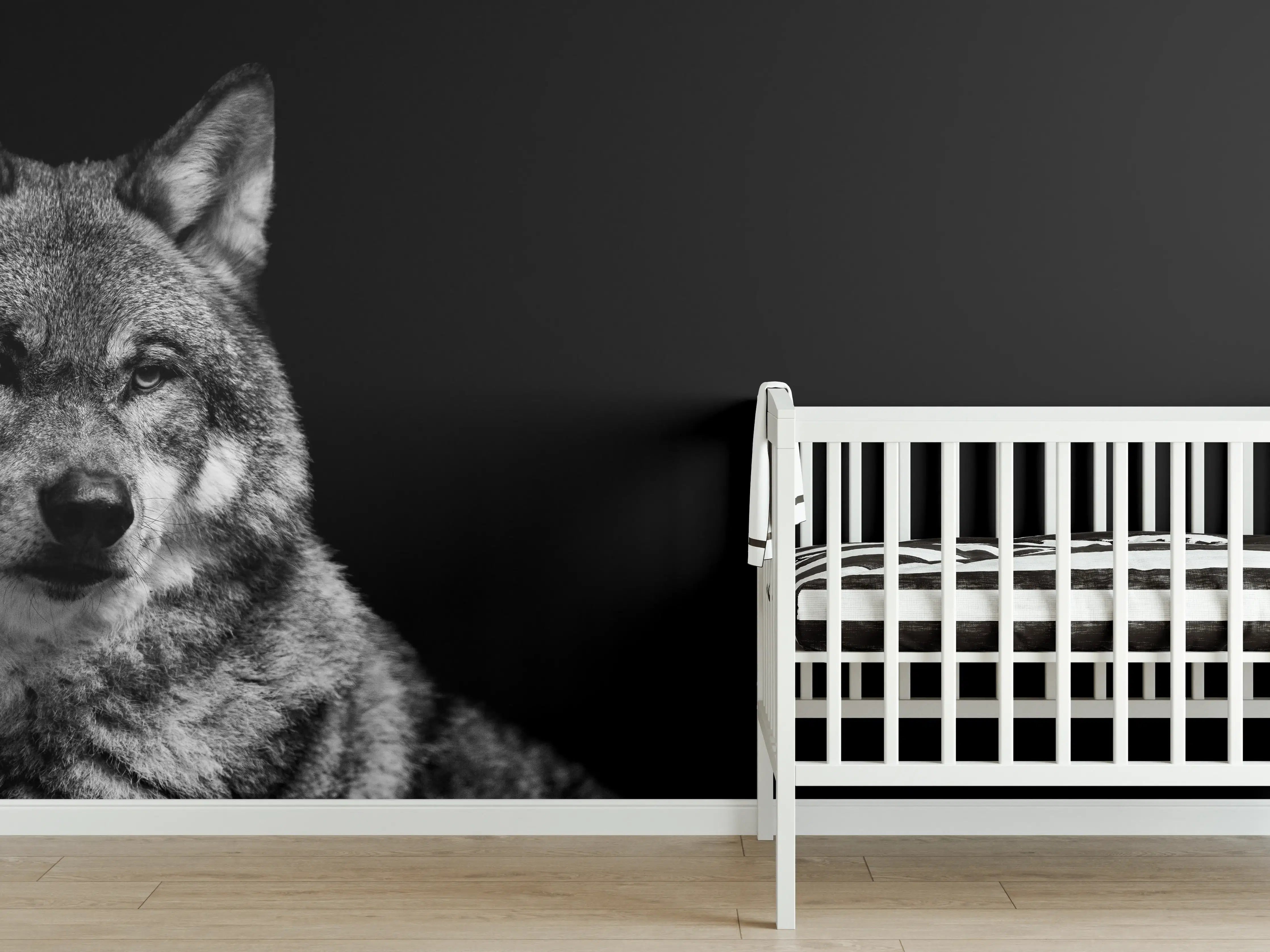 Babyzimmer Wandgestaltung - Grauer Wolf auf schwarzem Hintergrund