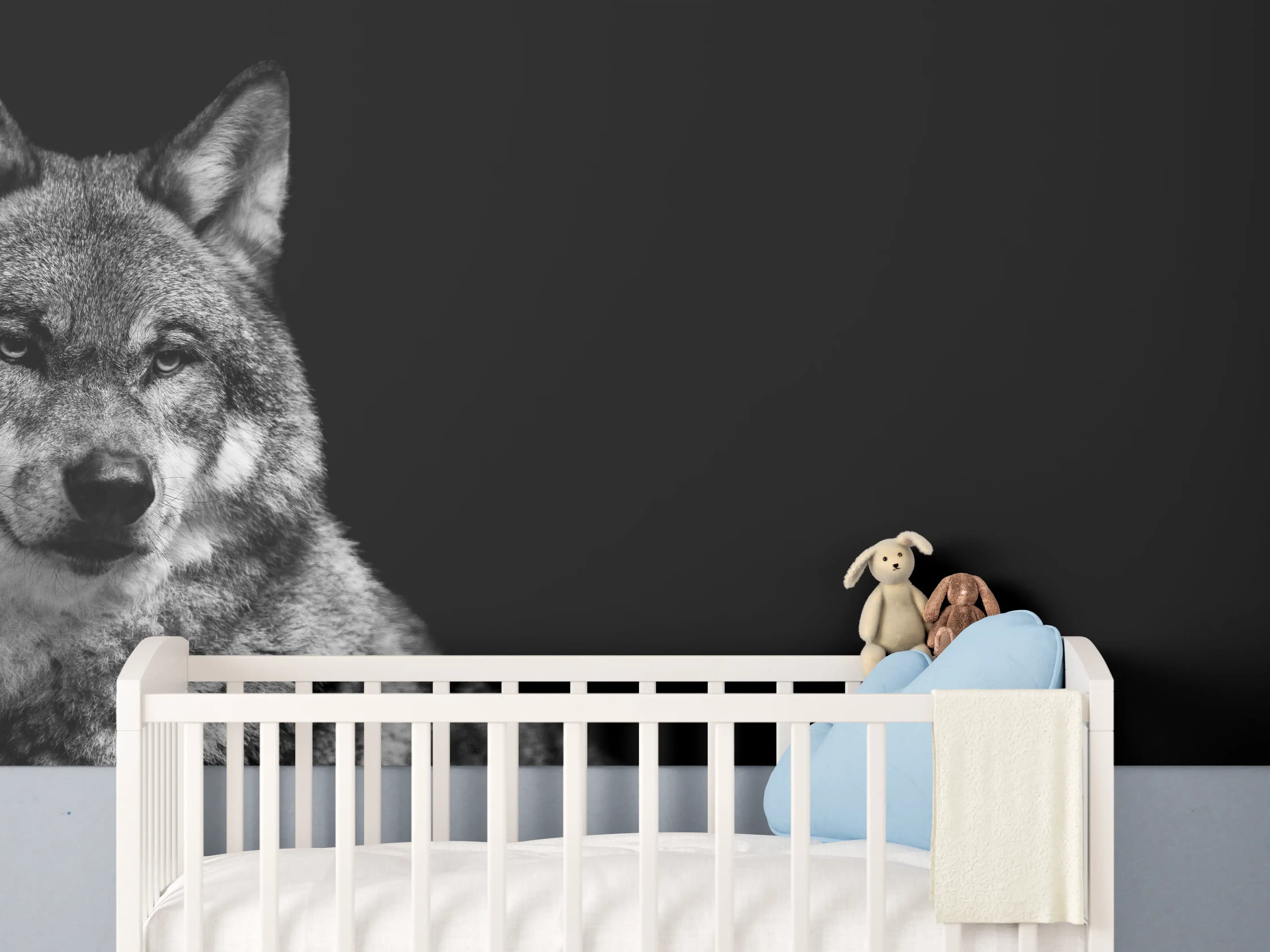 Babyzimmer Wandgestaltung - Grauer Wolf auf schwarzem Hintergrund