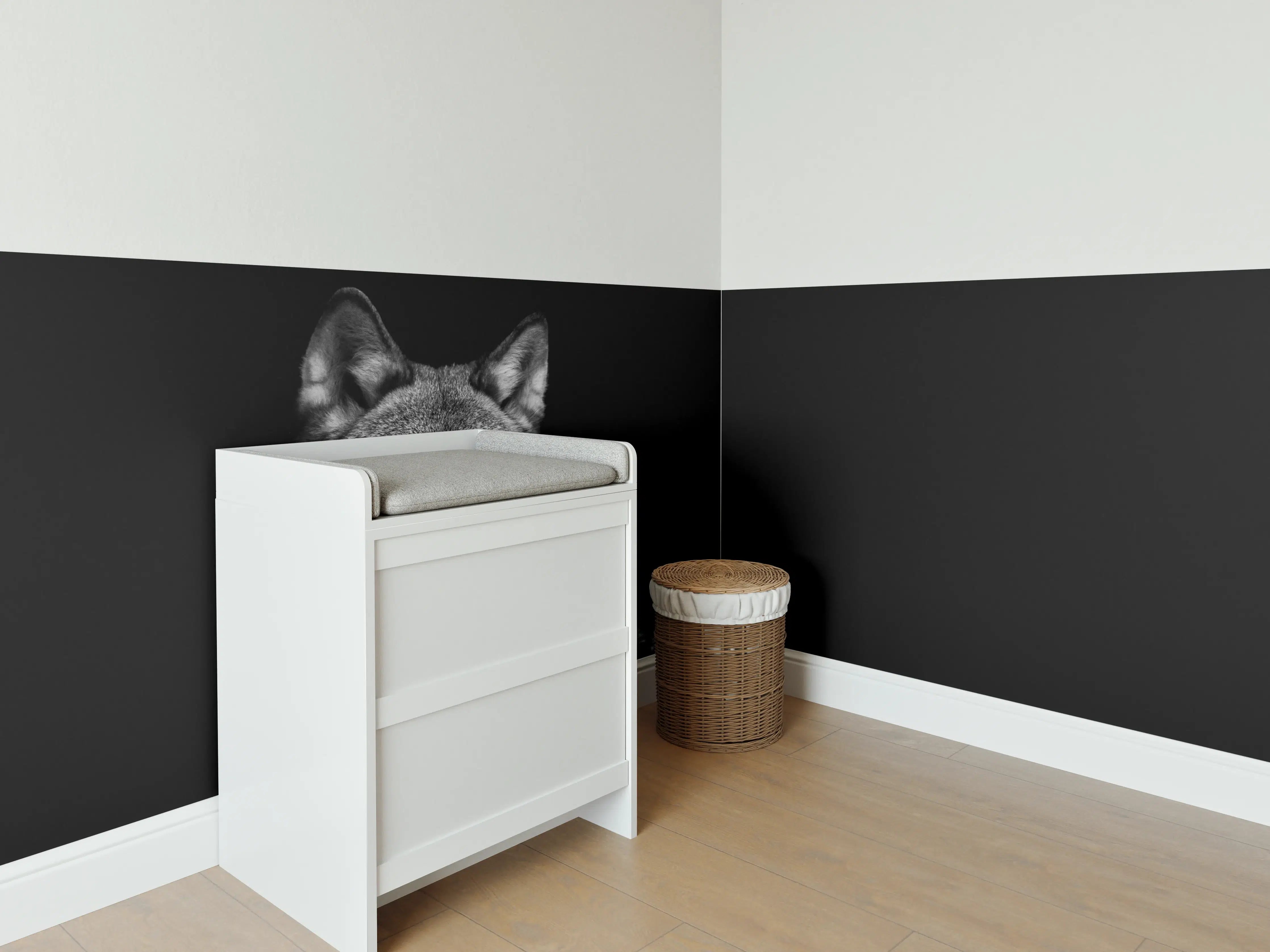 Babyzimmer Wandgestaltung - Grauer Wolf auf schwarzem Hintergrund