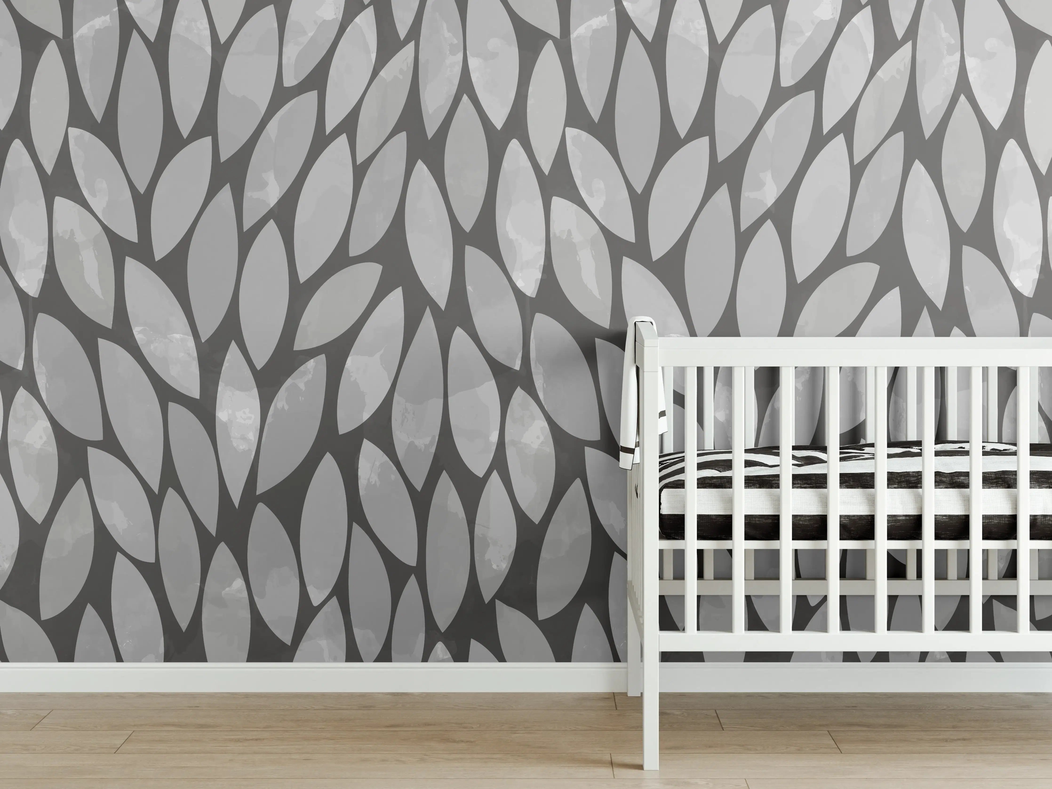 Babyzimmer Wandgestaltung - Graues Blattmuster mit hellen Akzenten