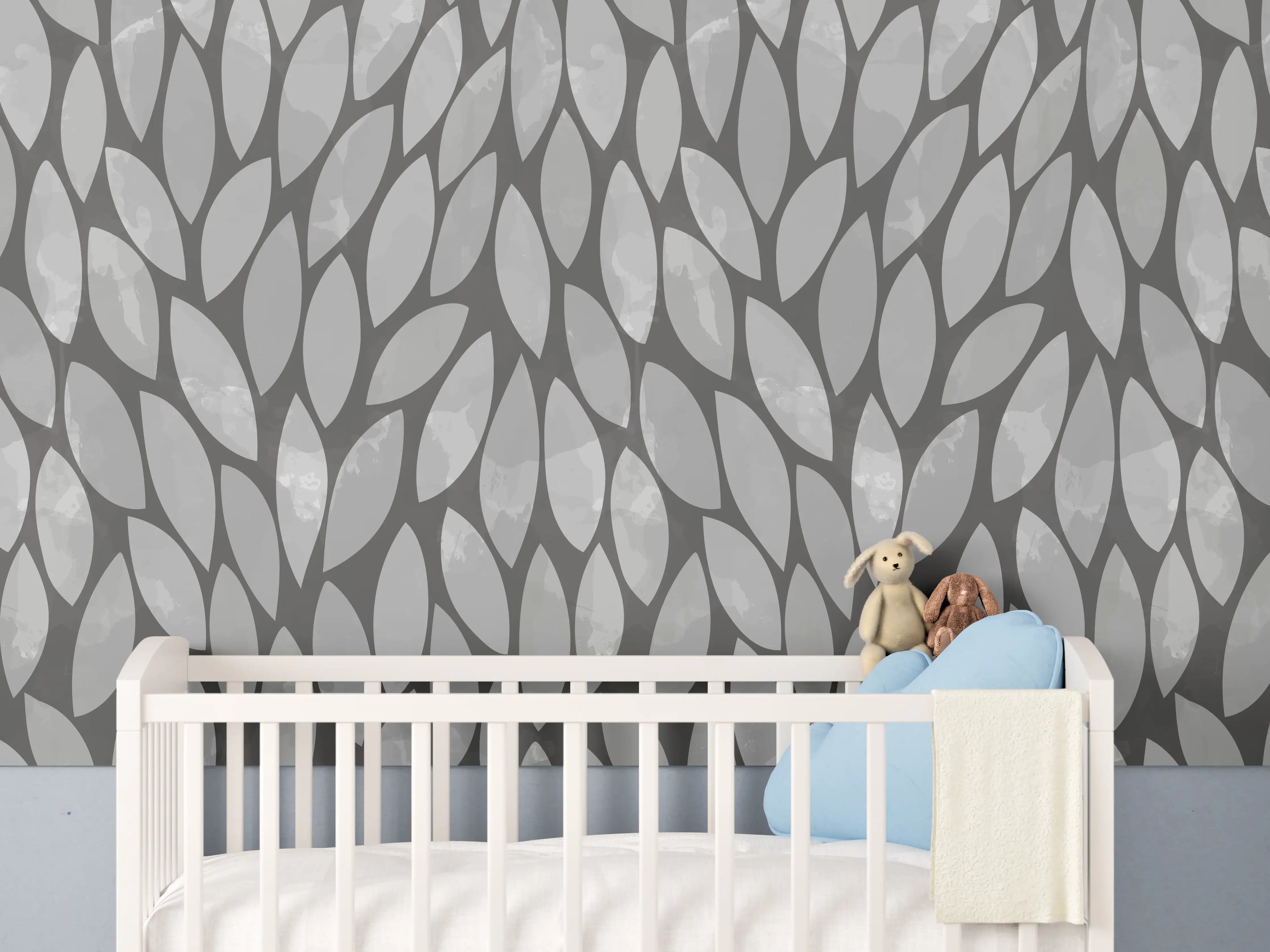 Babyzimmer Wandgestaltung - Graues Blattmuster mit hellen Akzenten