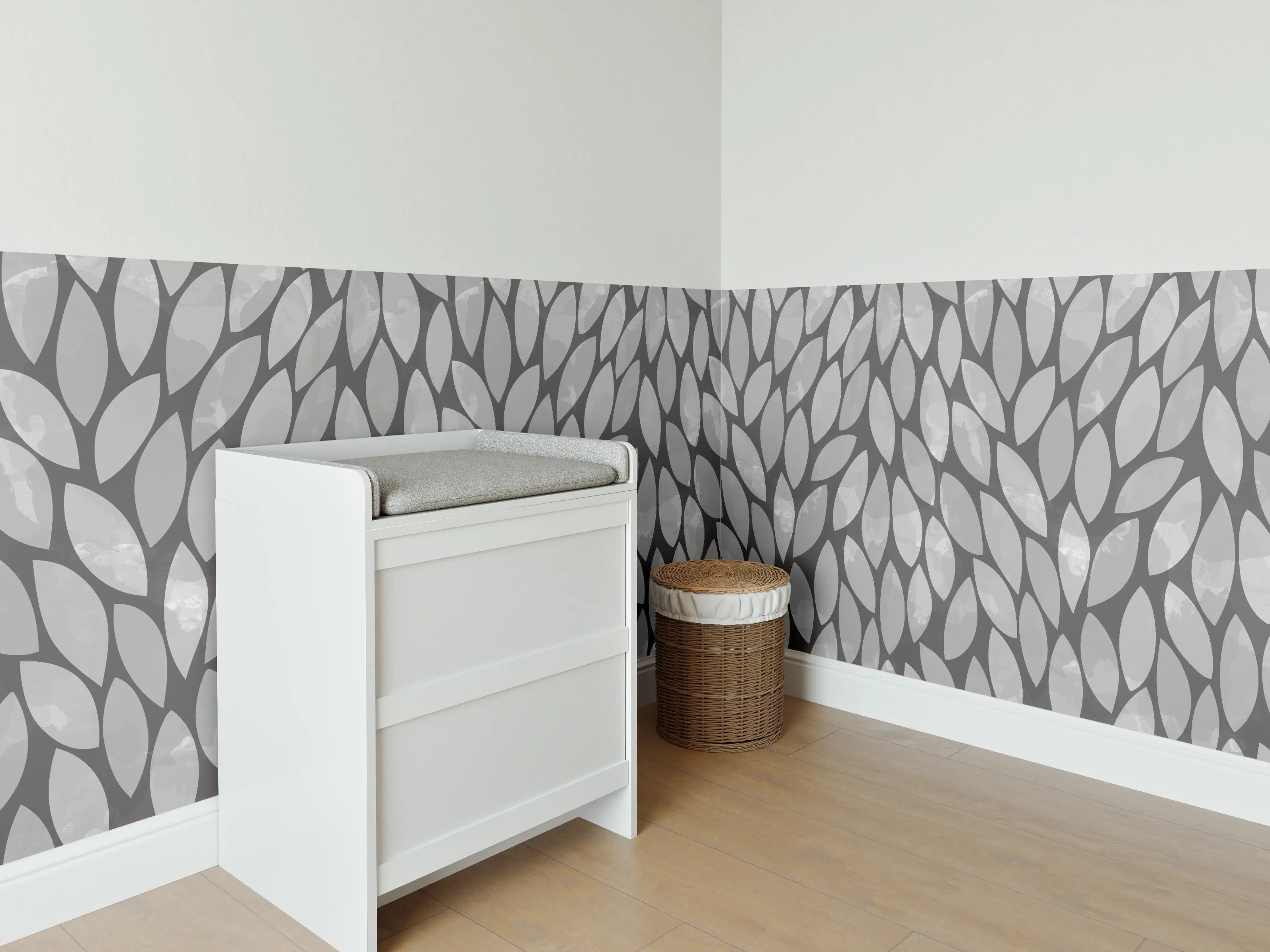 Babyzimmer Wandgestaltung - Graues Blattmuster mit hellen Akzenten