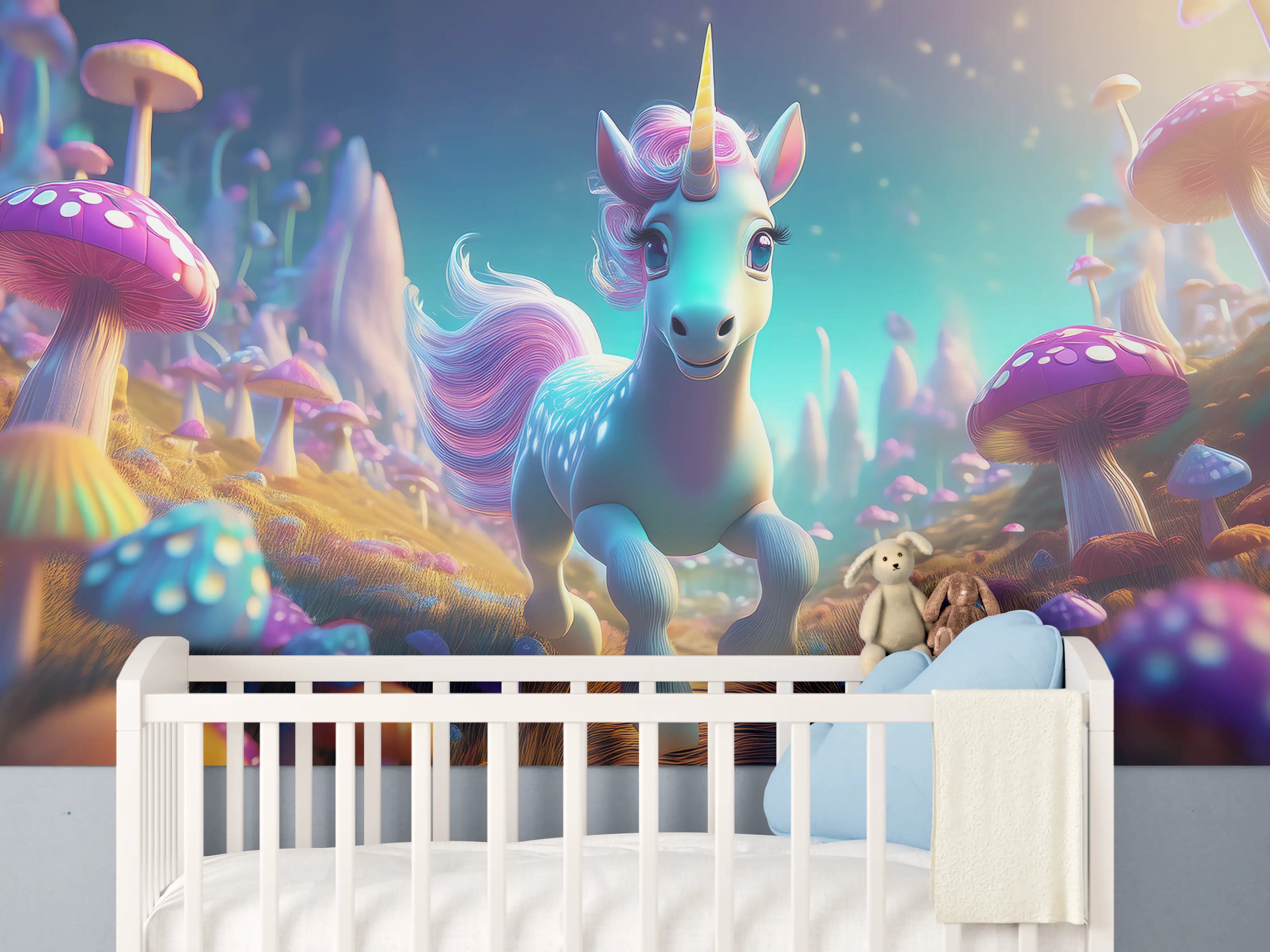 Babyzimmer Wandgestaltung - Graues Einhorn in Magischer Pilzwelt