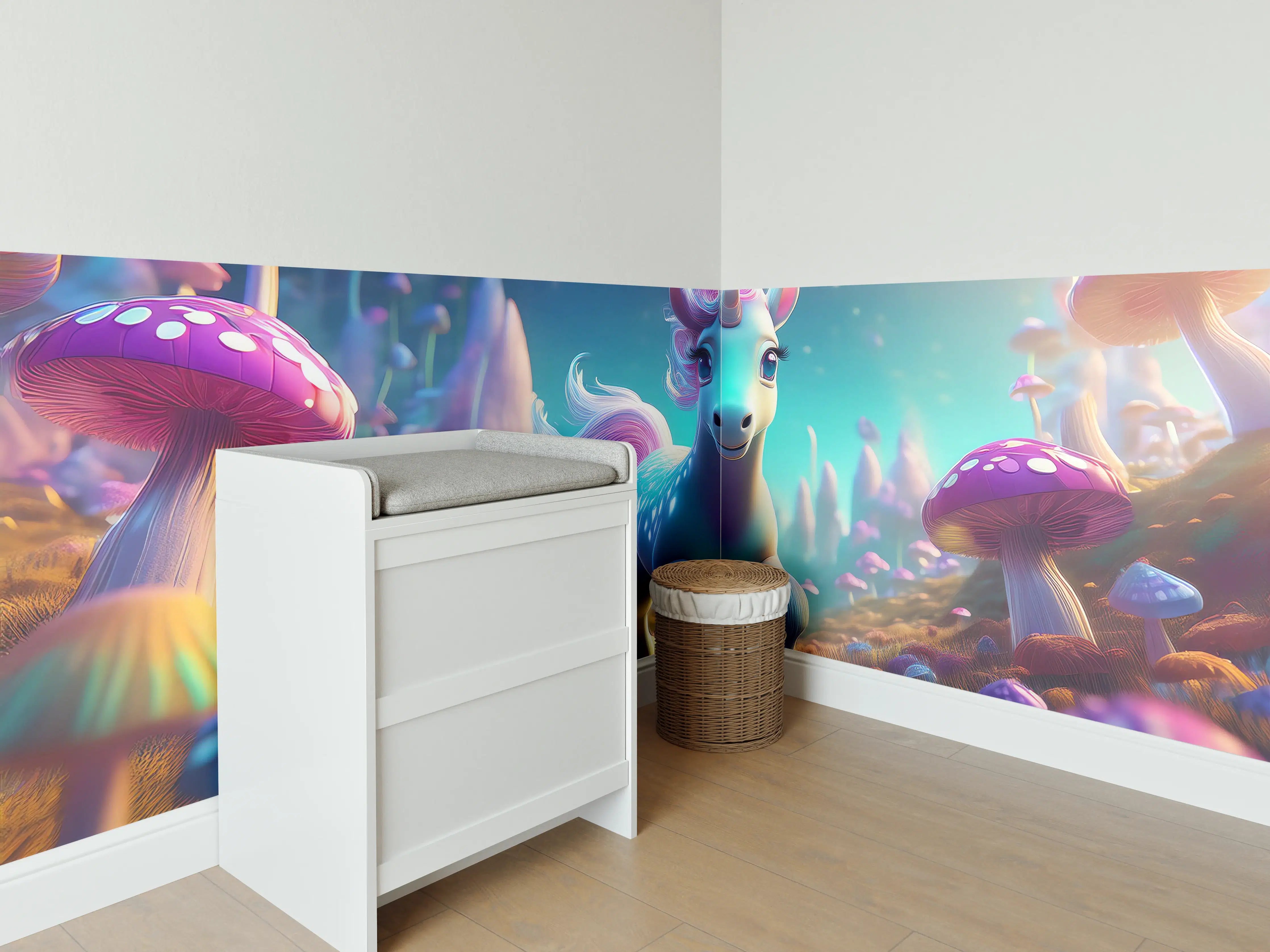 Babyzimmer Wandgestaltung - Graues Einhorn in Magischer Pilzwelt