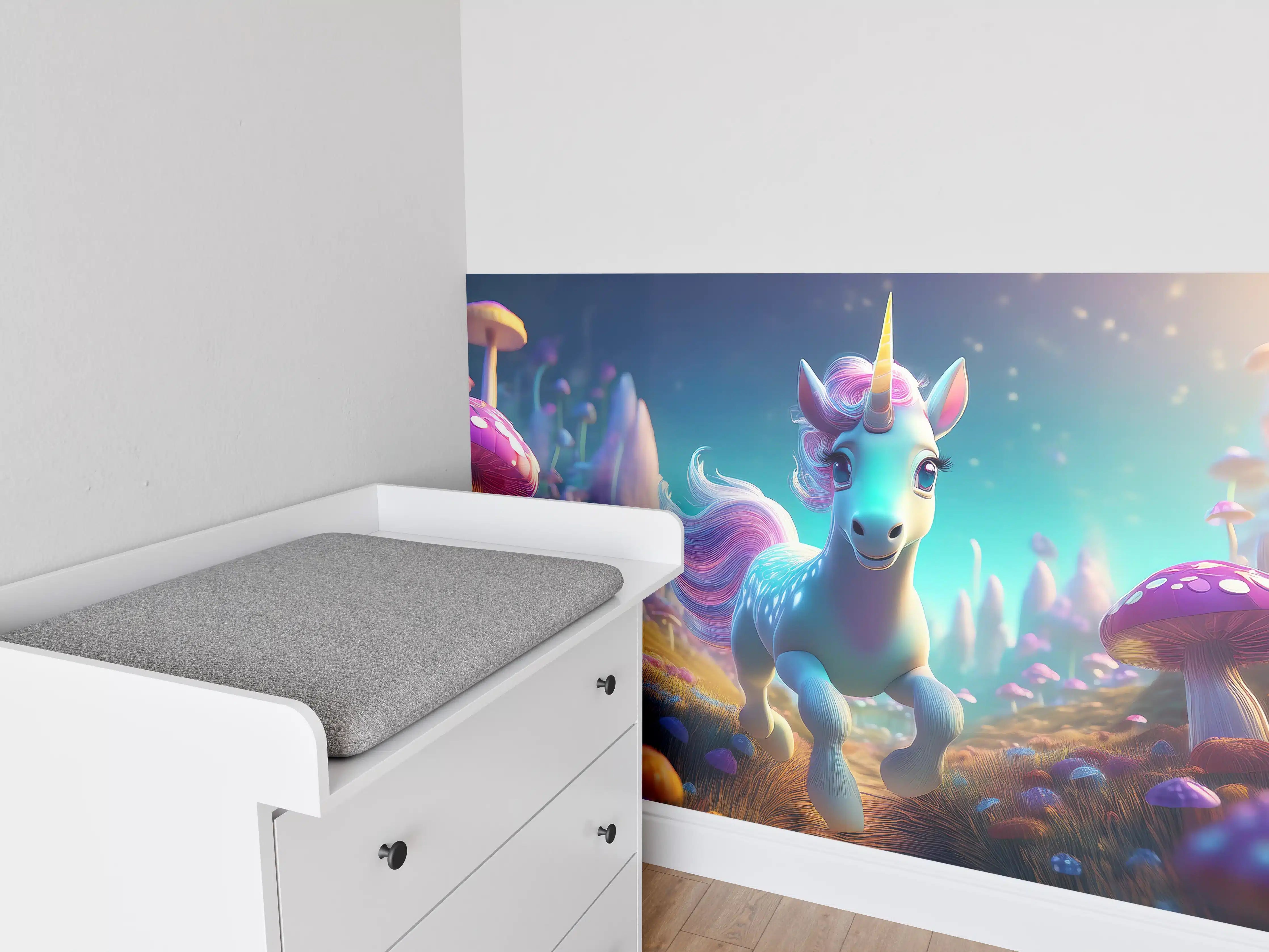 Babyzimmer Wandgestaltung - Graues Einhorn in Magischer Pilzwelt