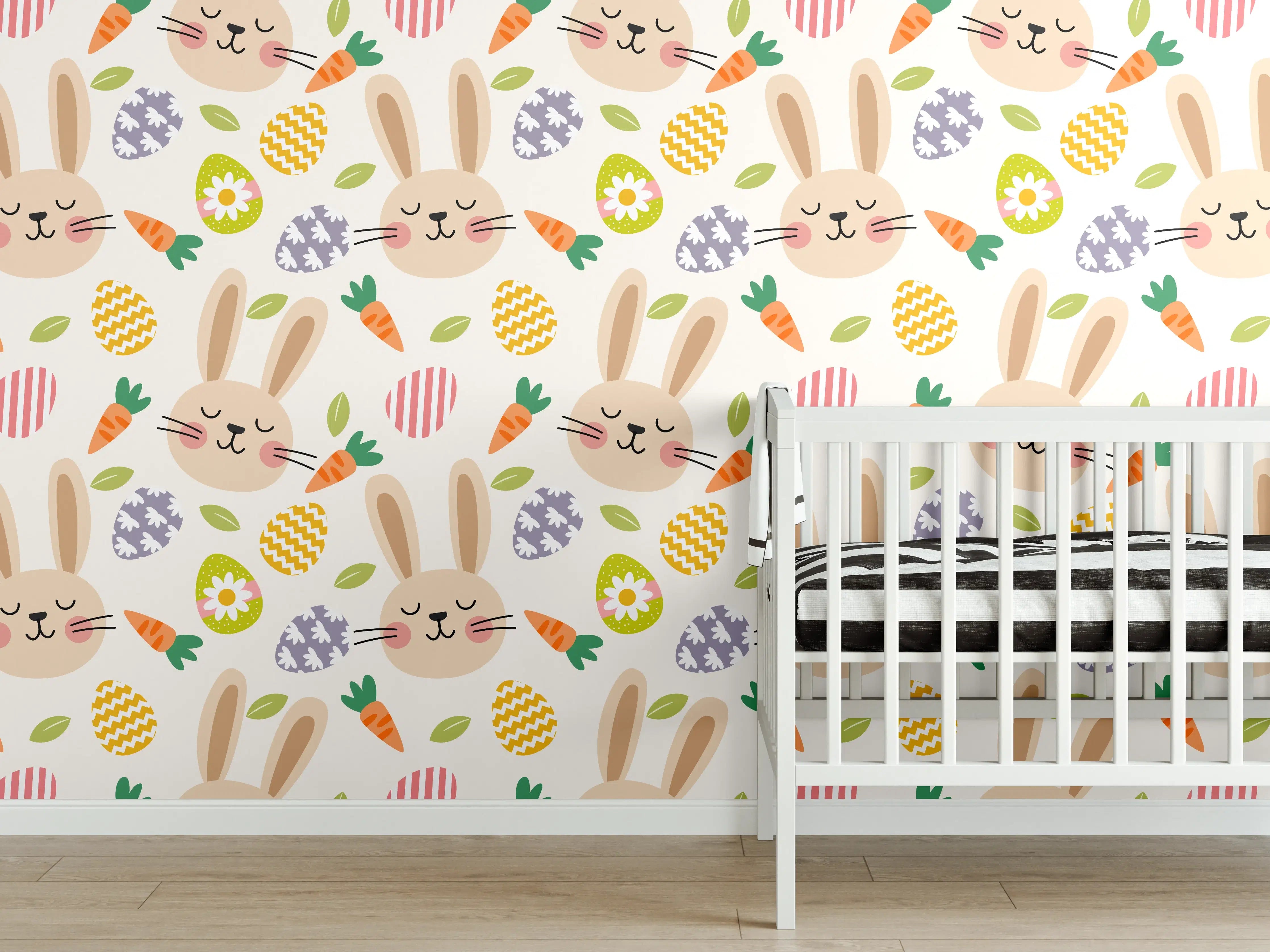 Babyzimmer Wandgestaltung - Graues Häschen mit bunten Eiern
