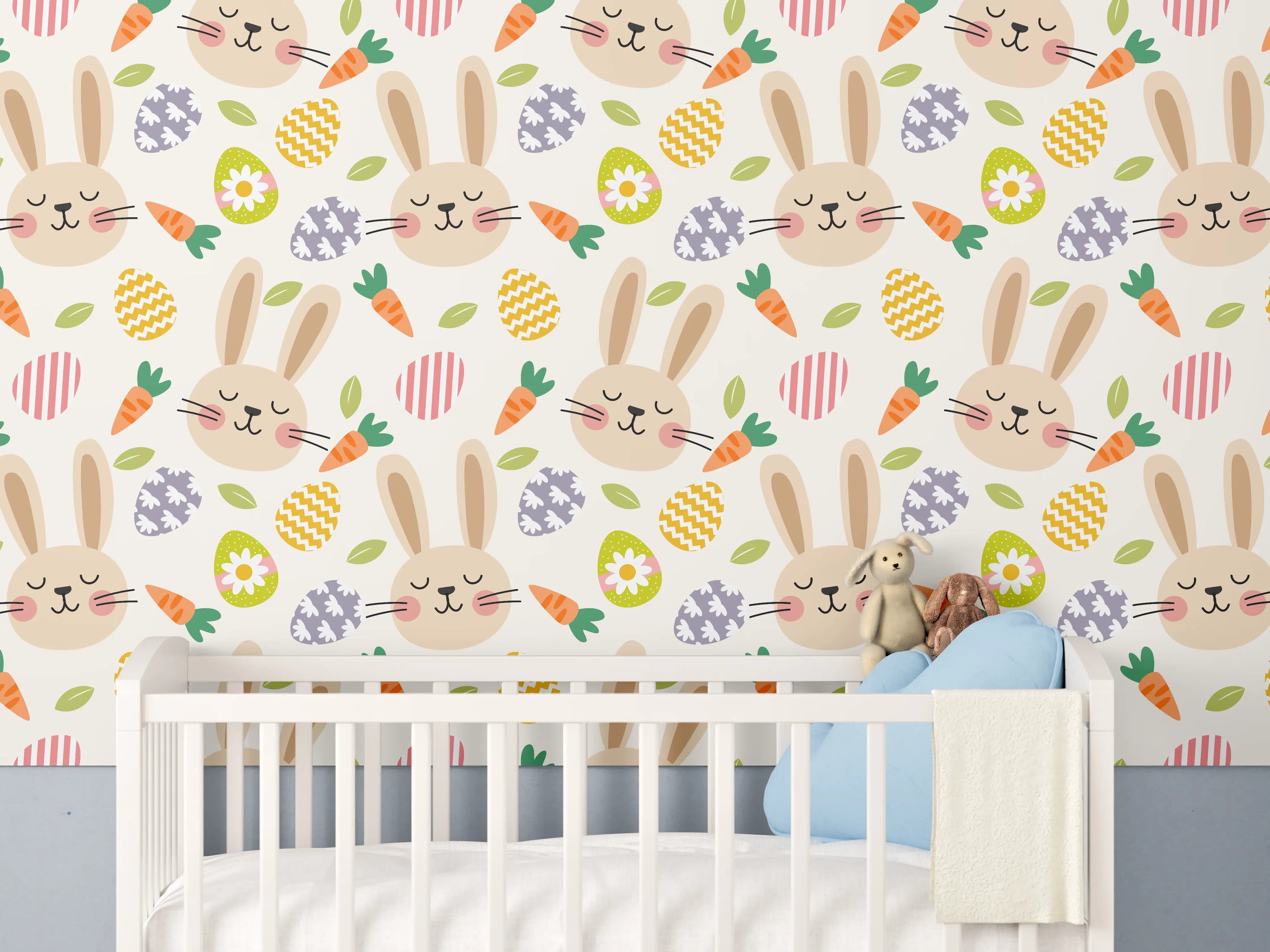 Babyzimmer Wandgestaltung - Graues Häschen mit bunten Eiern