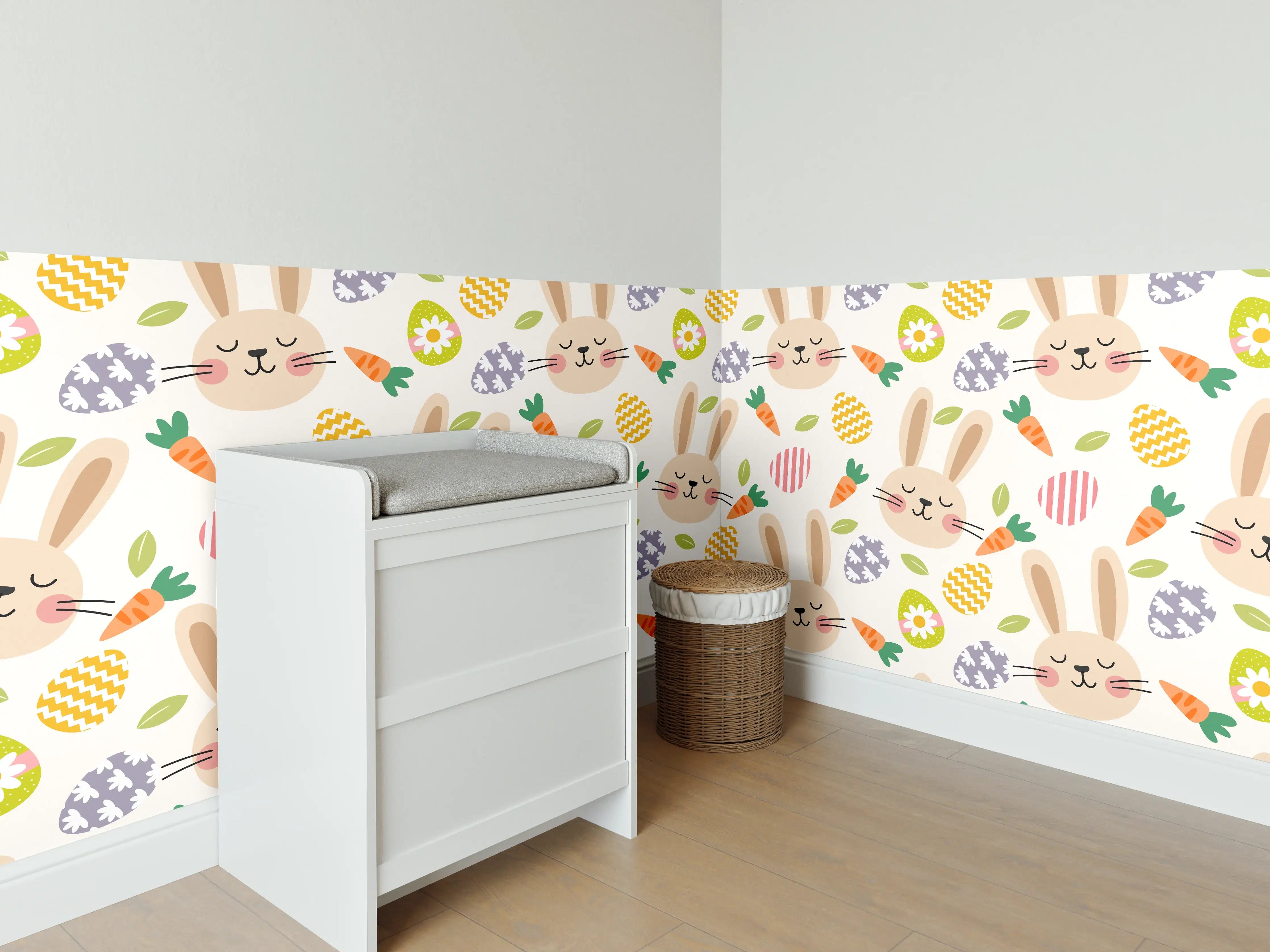 Babyzimmer Wandgestaltung - Graues Häschen mit bunten Eiern