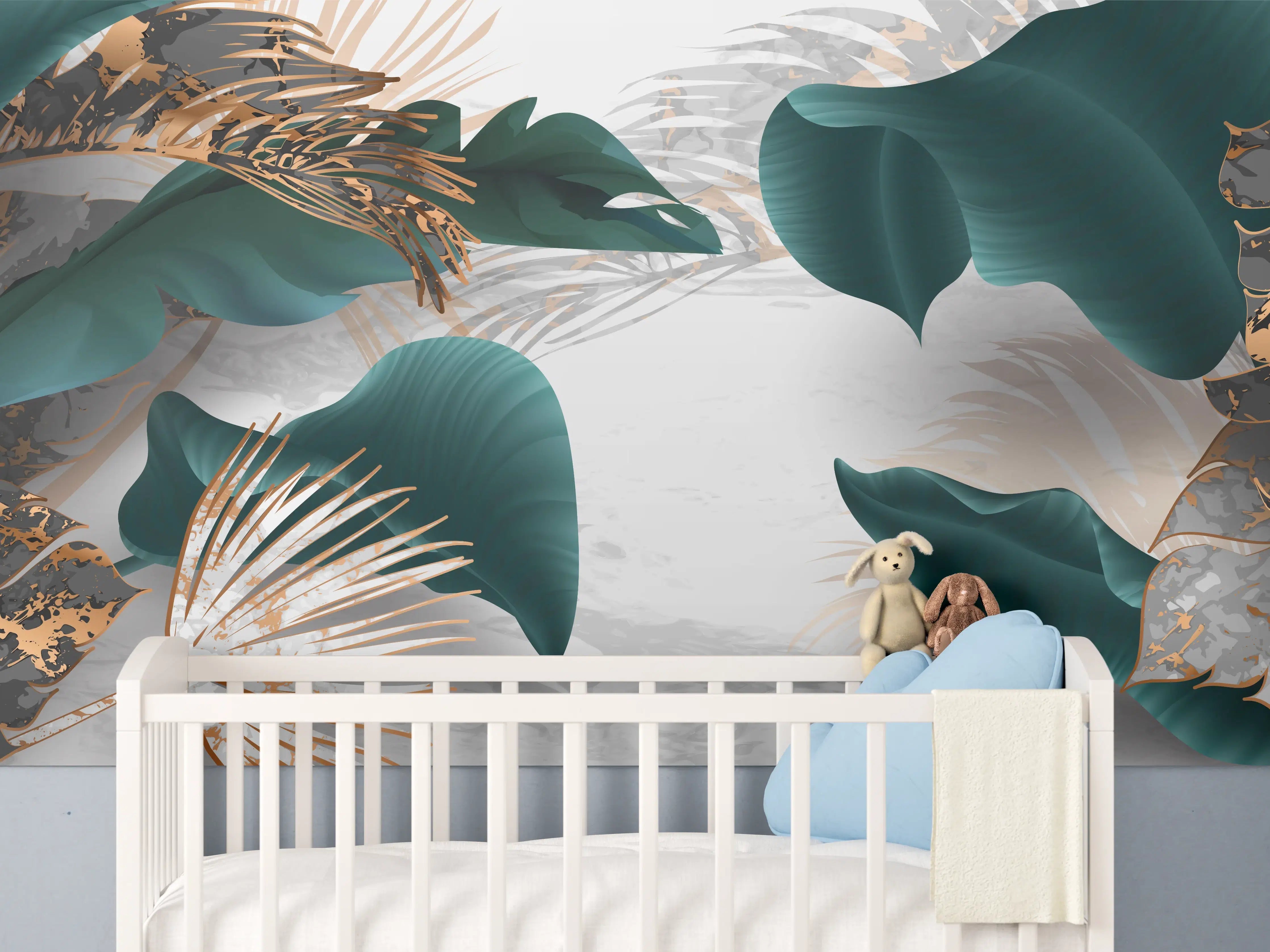 Babyzimmer Wandgestaltung - Grün-Goldene Pflanzenmusterung