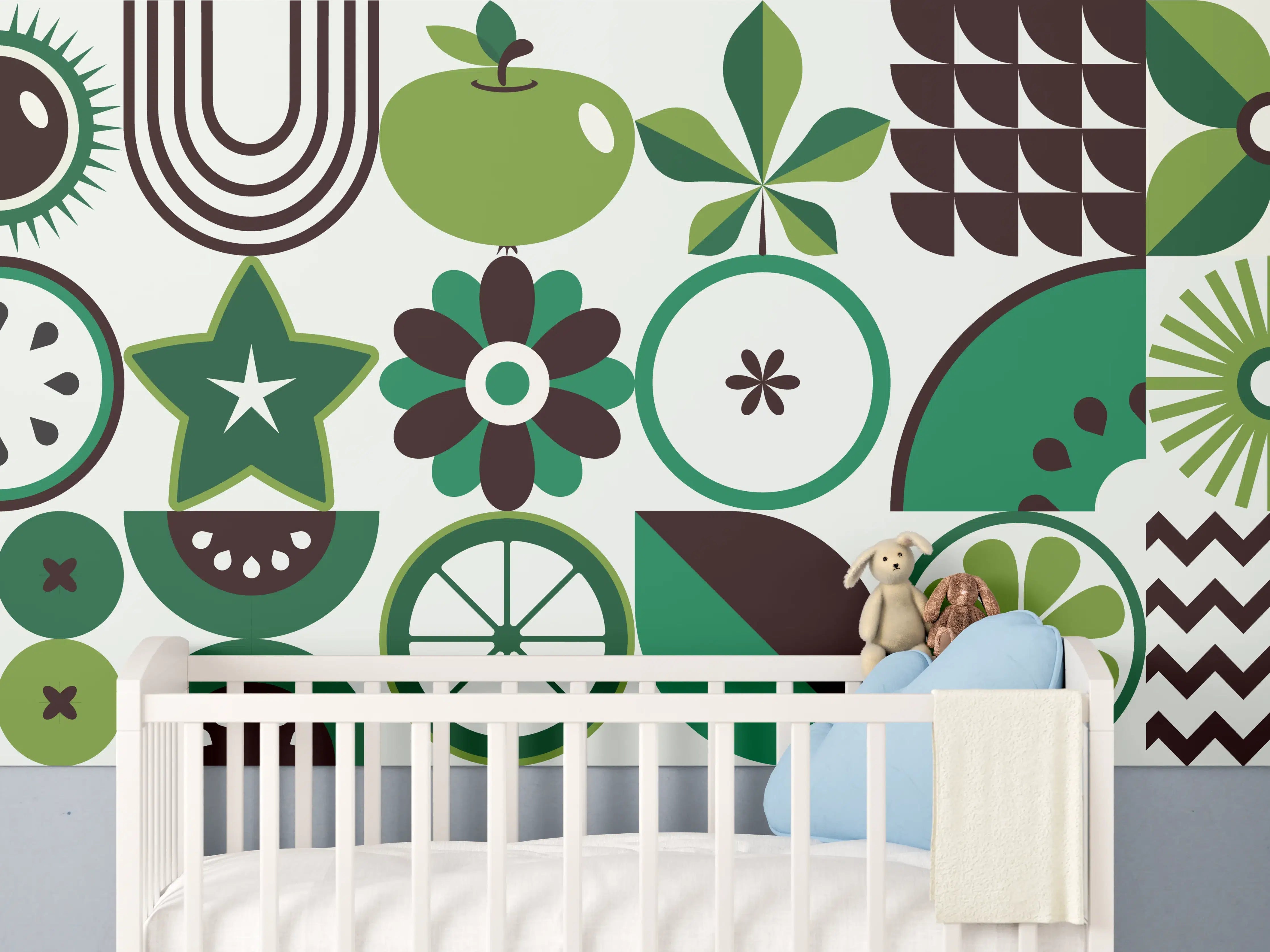 Babyzimmer Wandgestaltung - Grüne Apfel- und Blütenmuster