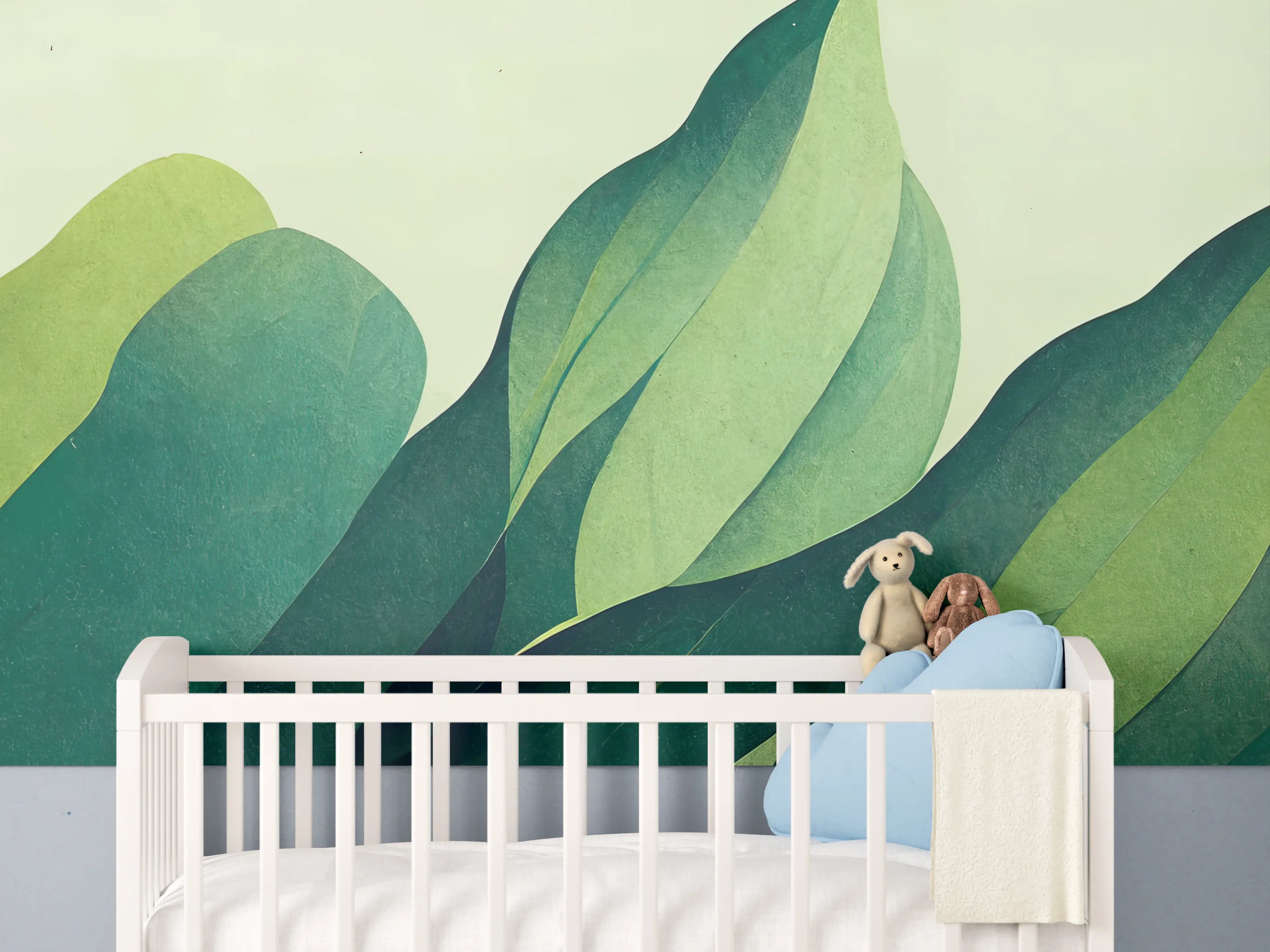 Babyzimmer Wandgestaltung - Grüne Blätter in sanfter Farbpalette