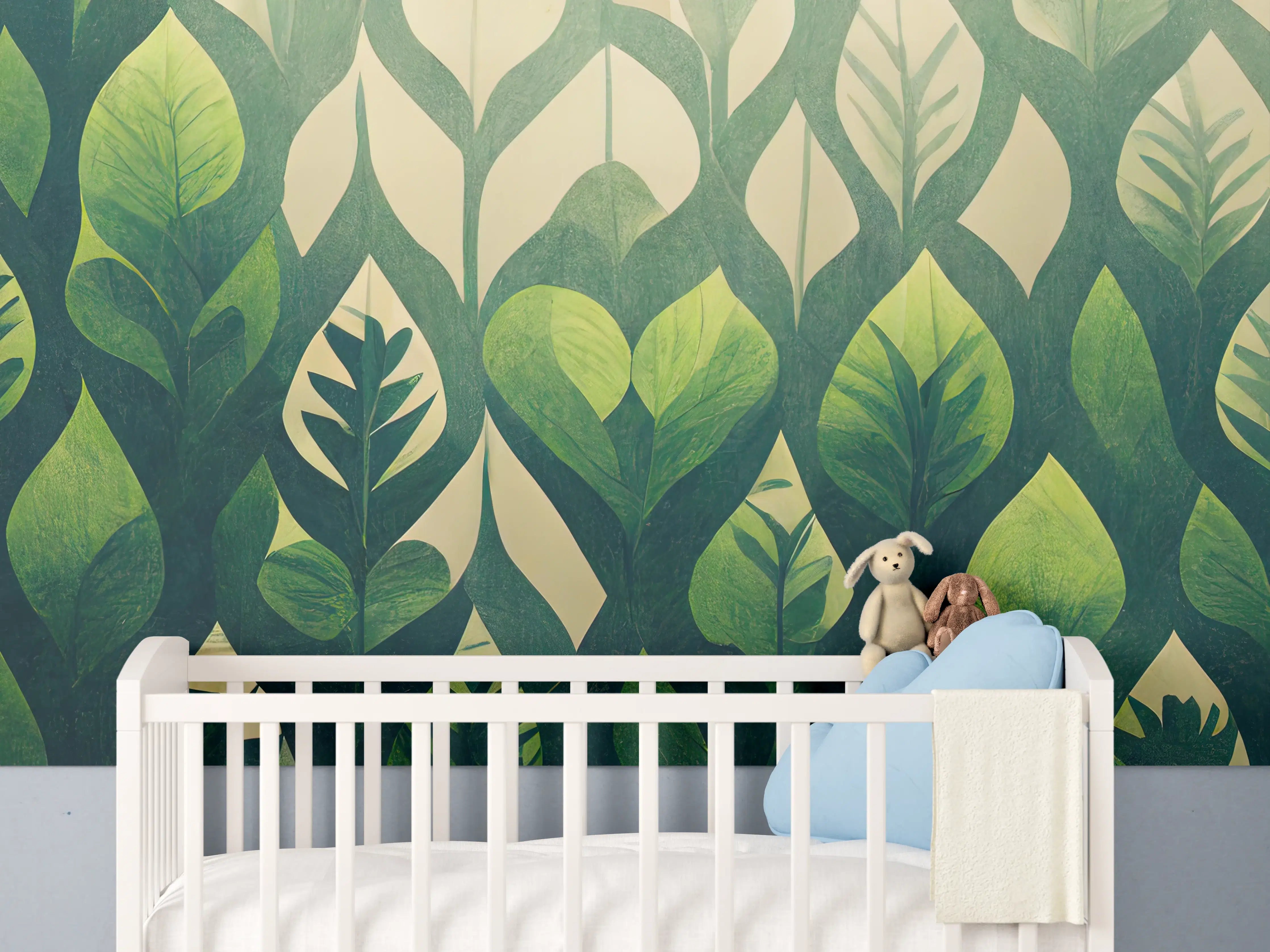 Babyzimmer Wandgestaltung - Grüne Blattmuster Wandgestaltung