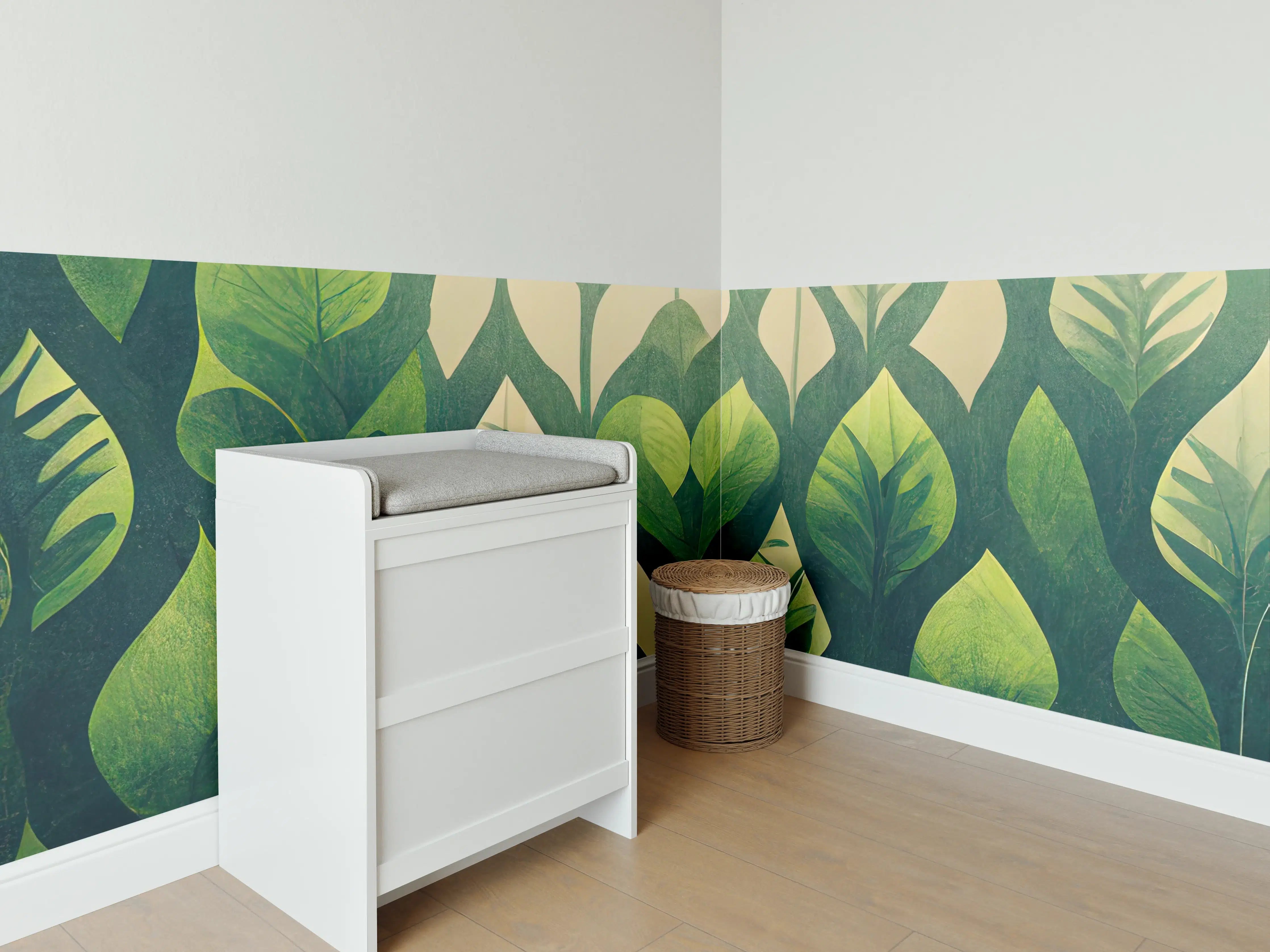 Babyzimmer Wandgestaltung - Grüne Blattmuster Wandgestaltung