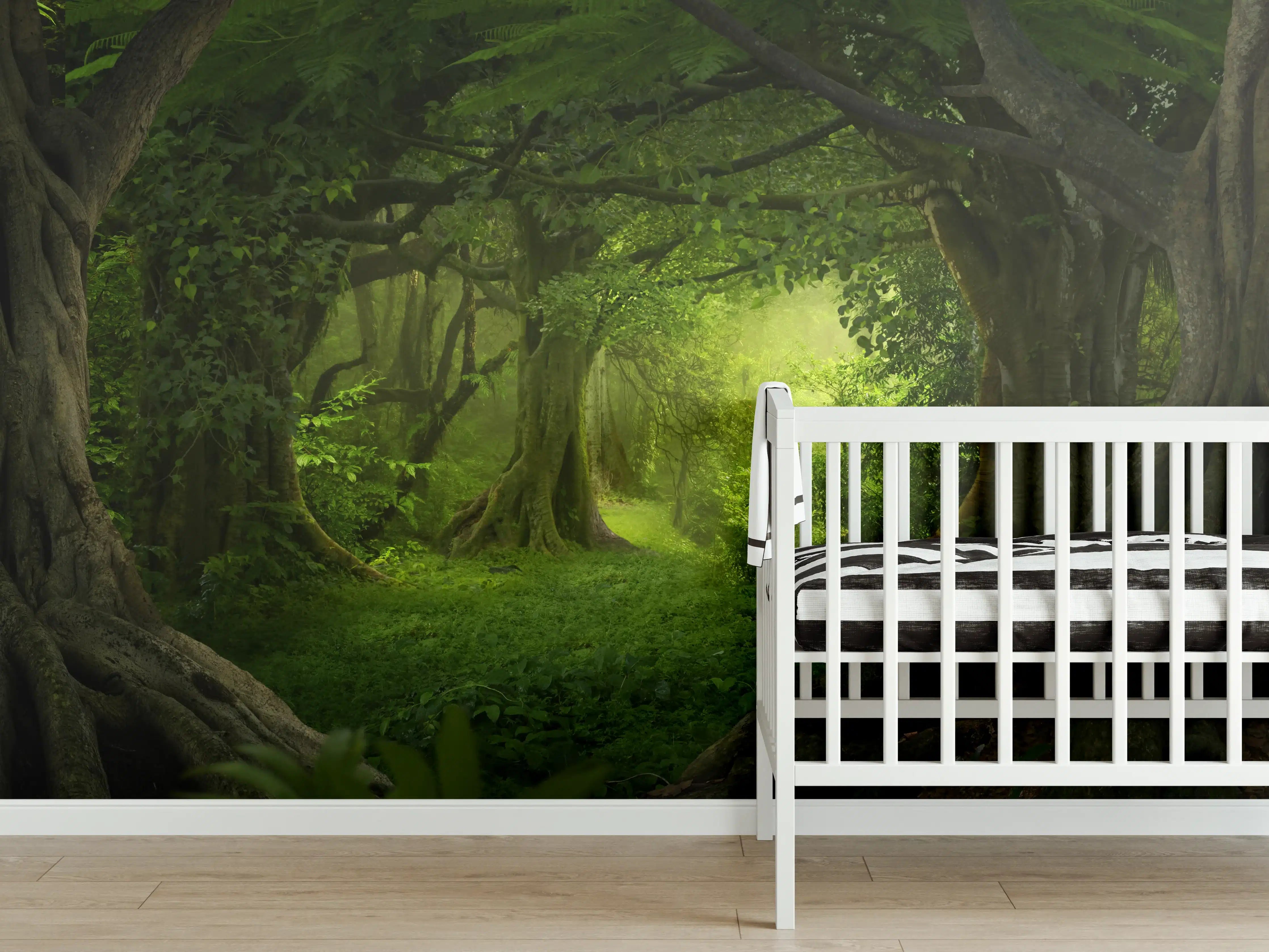 Babyzimmer Wandgestaltung - Grüne Dschungel Lichtung Panorama